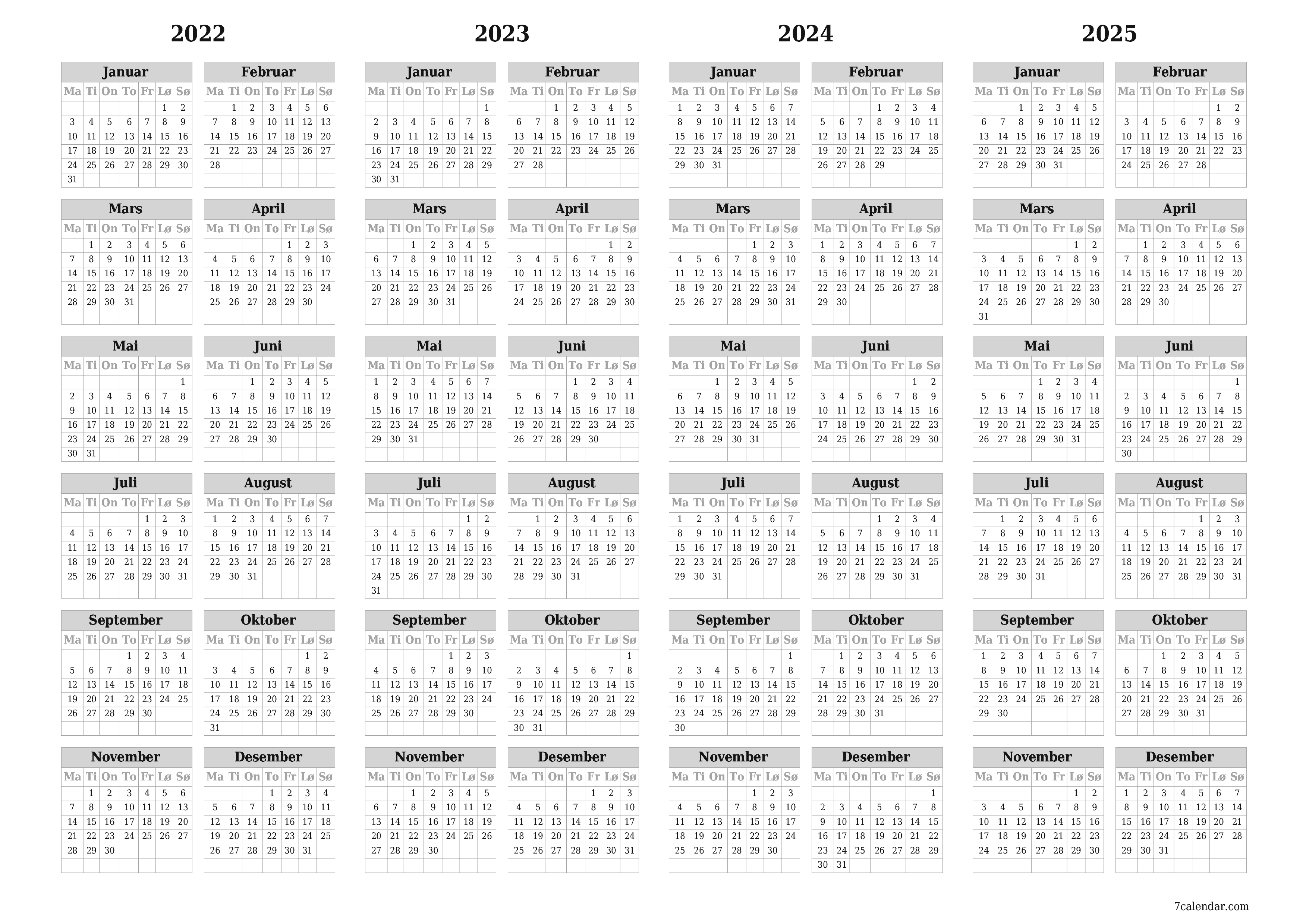 Tom årskalender for år 2022, 2023, 2024, 2025 lagre og skriv ut til PDF PNG Norwegian - 7calendar.com