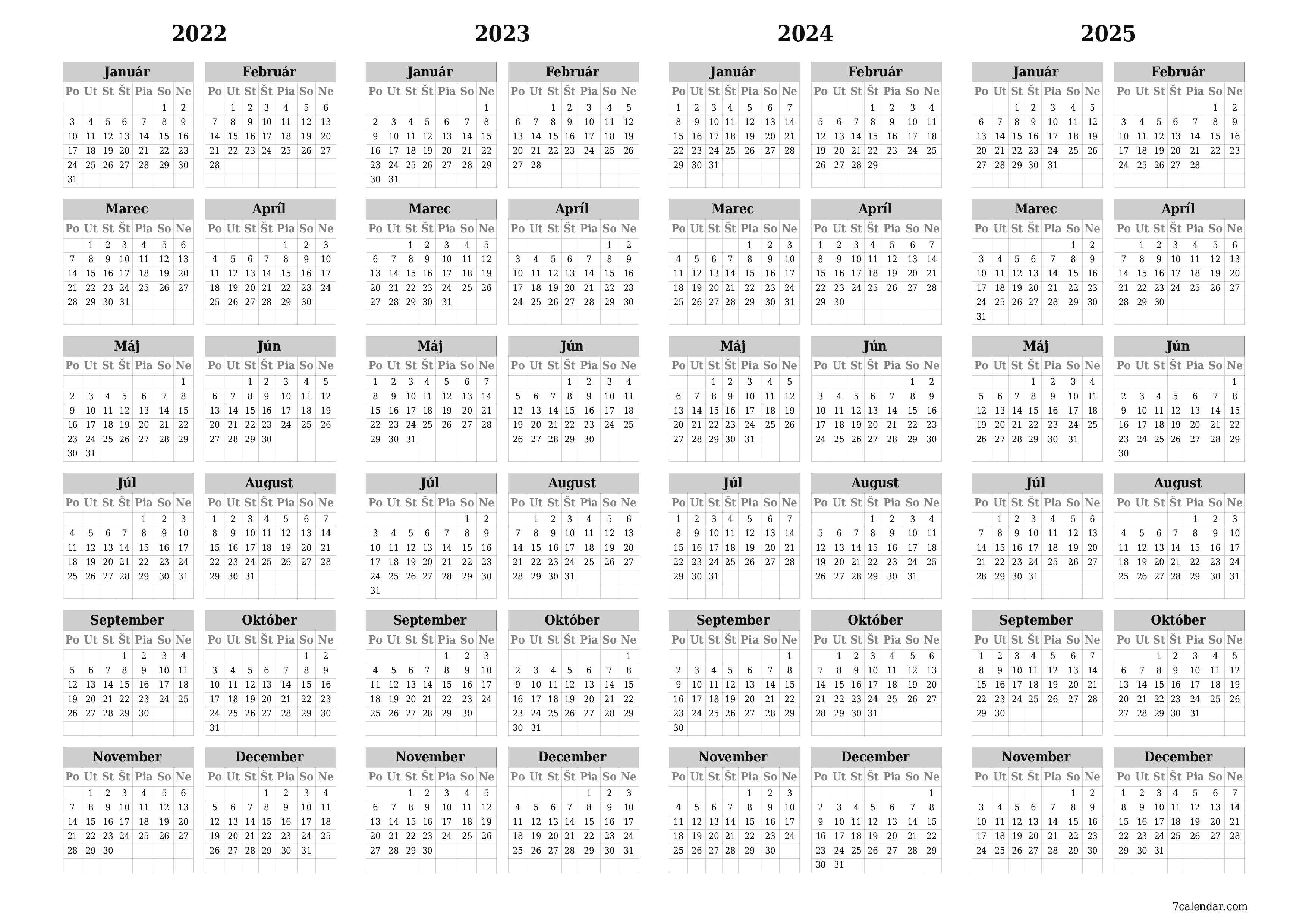 Prázdny ročný kalendár plánovača na rok 2022, 2023, 2024, 2025 s poznámkami, uložením a tlačou do formátu PDF PNG Slovak