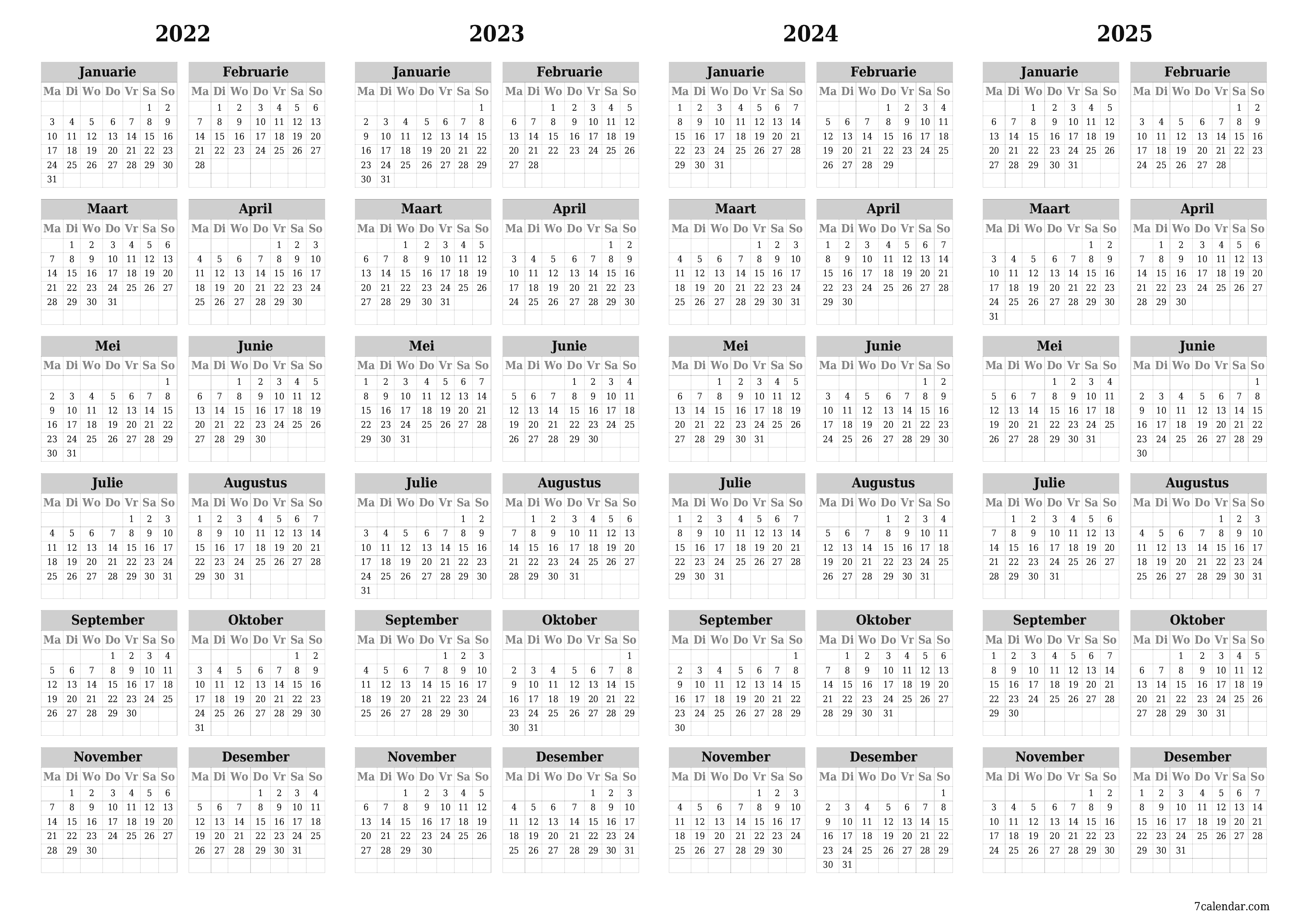 Leë jaarlikse drukbare kalender en beplanner vir die jaar 2022, 2023, 2024, 2025 met notas, stoor en druk na PDF PNG Afrikaans - 7calendar.com