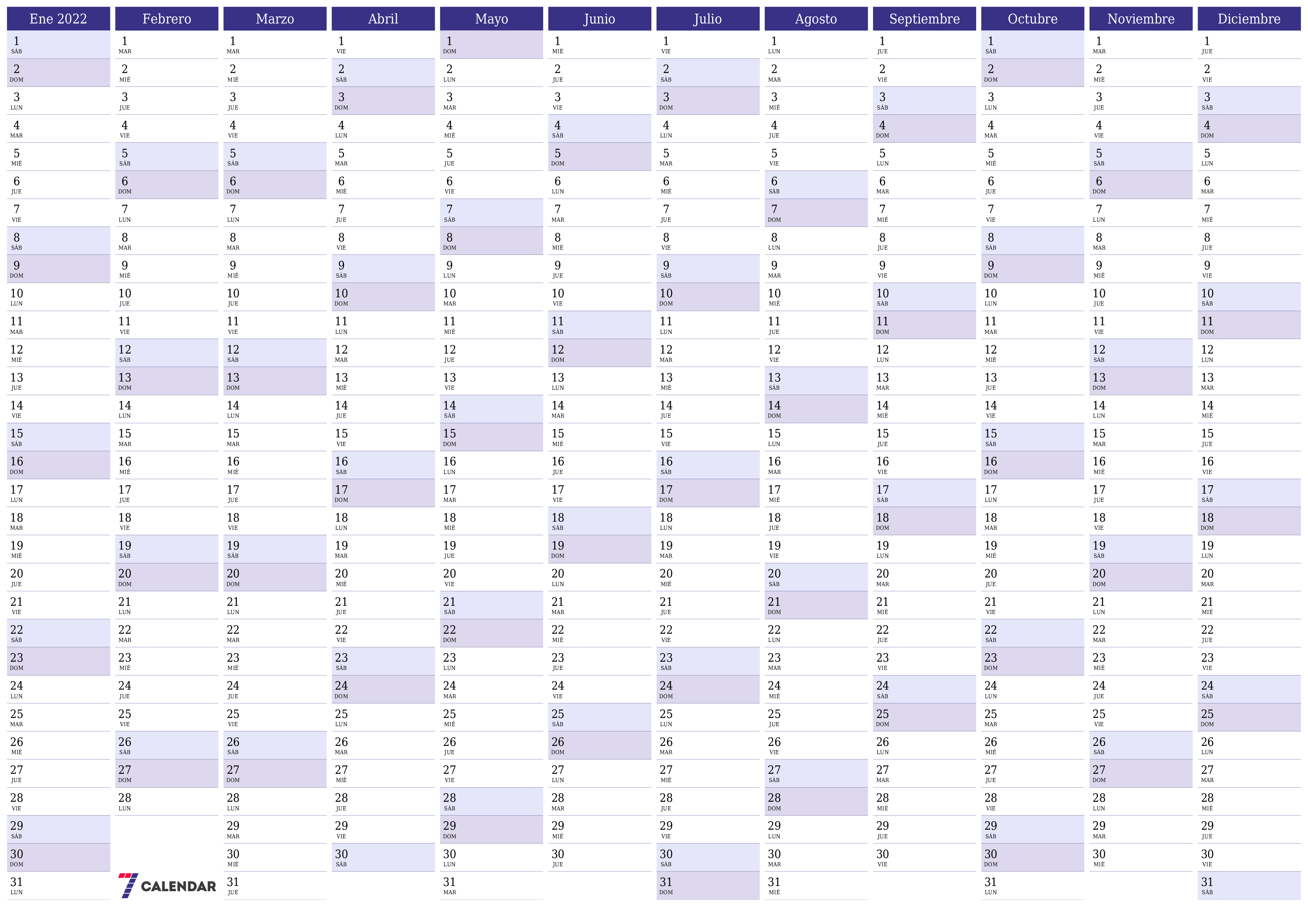 Calendario planificador anual vacío para el año 2022 con notas, guardar e imprimir en PDF PNG Spanish
