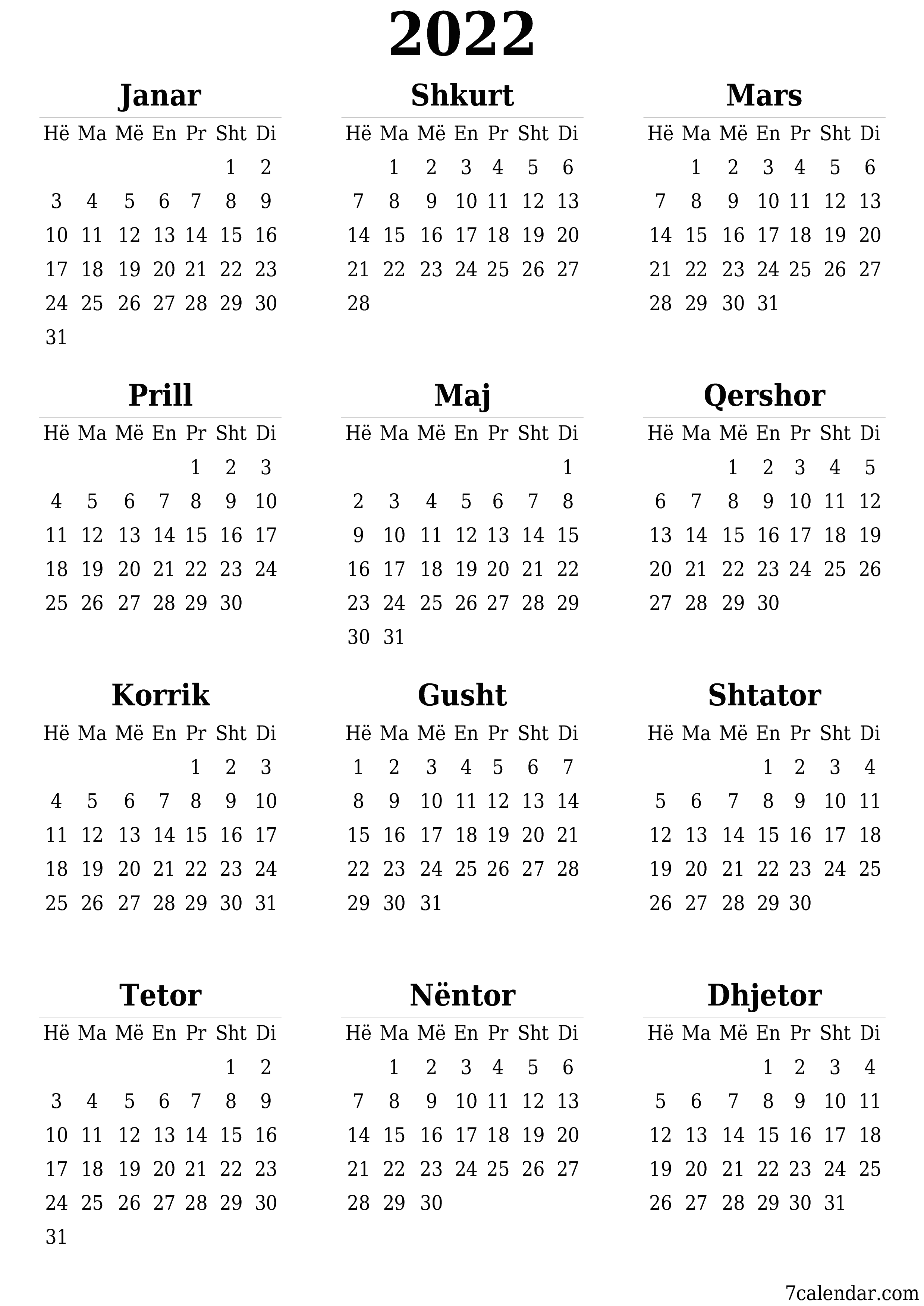 Planifikuesi bosh i kalendarit vjetor për vitin 2022 me shënime, ruani dhe printoni në PDF PNG Albanian - 7calendar.com