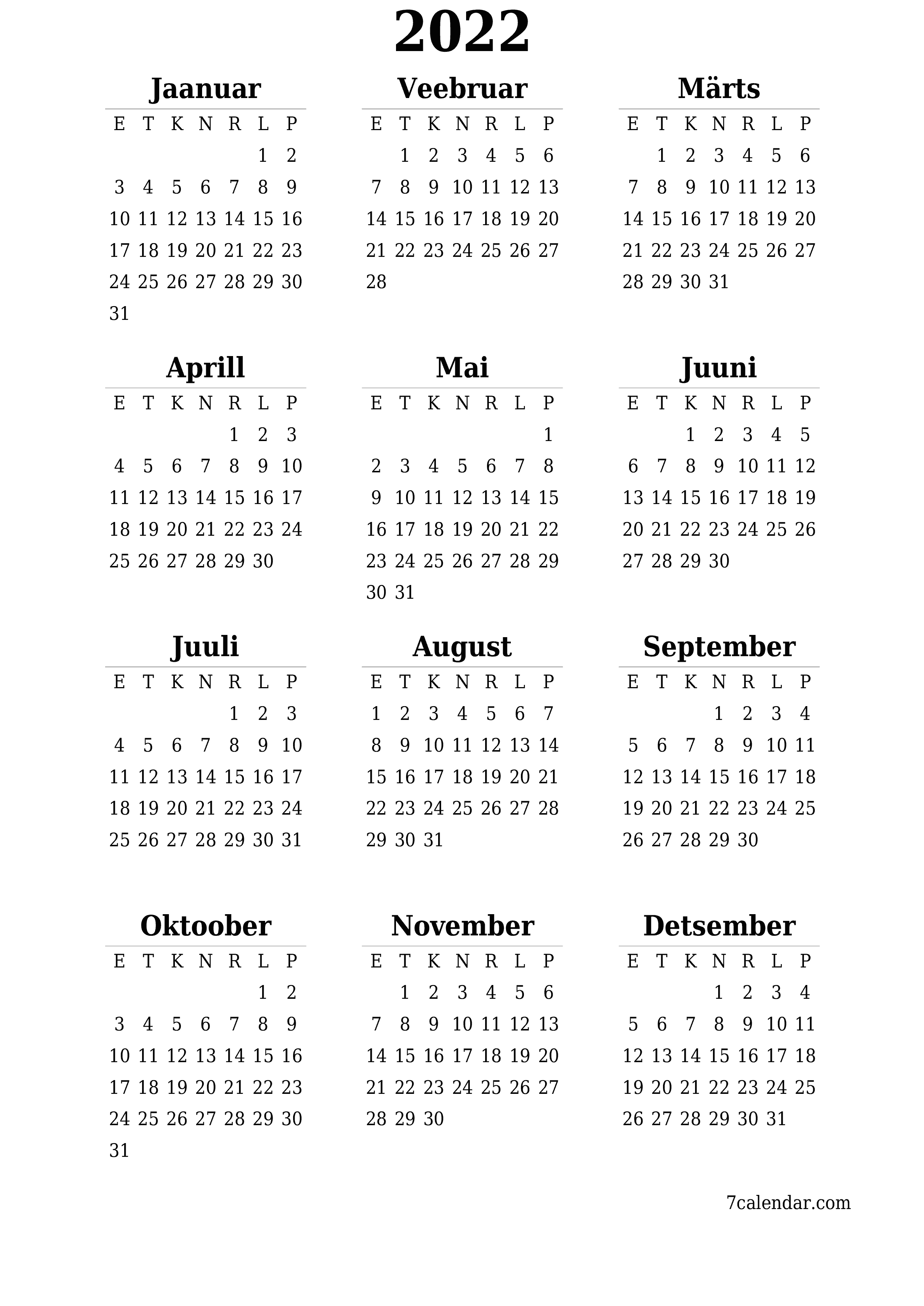 Aasta tühi aastakalender 2022 salvestage ja printige PDF-i PNG Estonian - 7calendar.com
