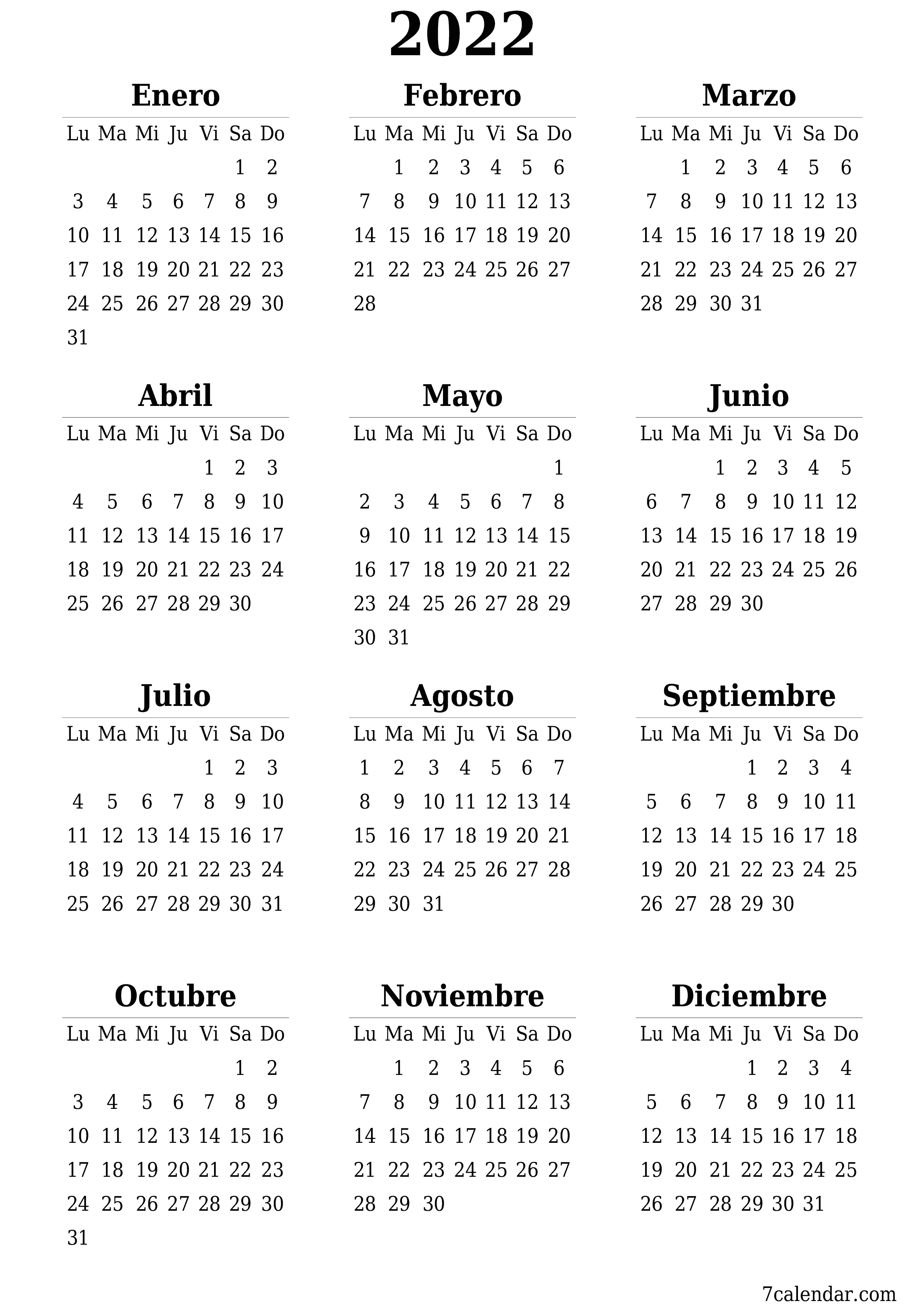 Calendario planificador anual vacío para el año 2022 con notas, guardar e imprimir en PDF PNG Spanish - 7calendar.com