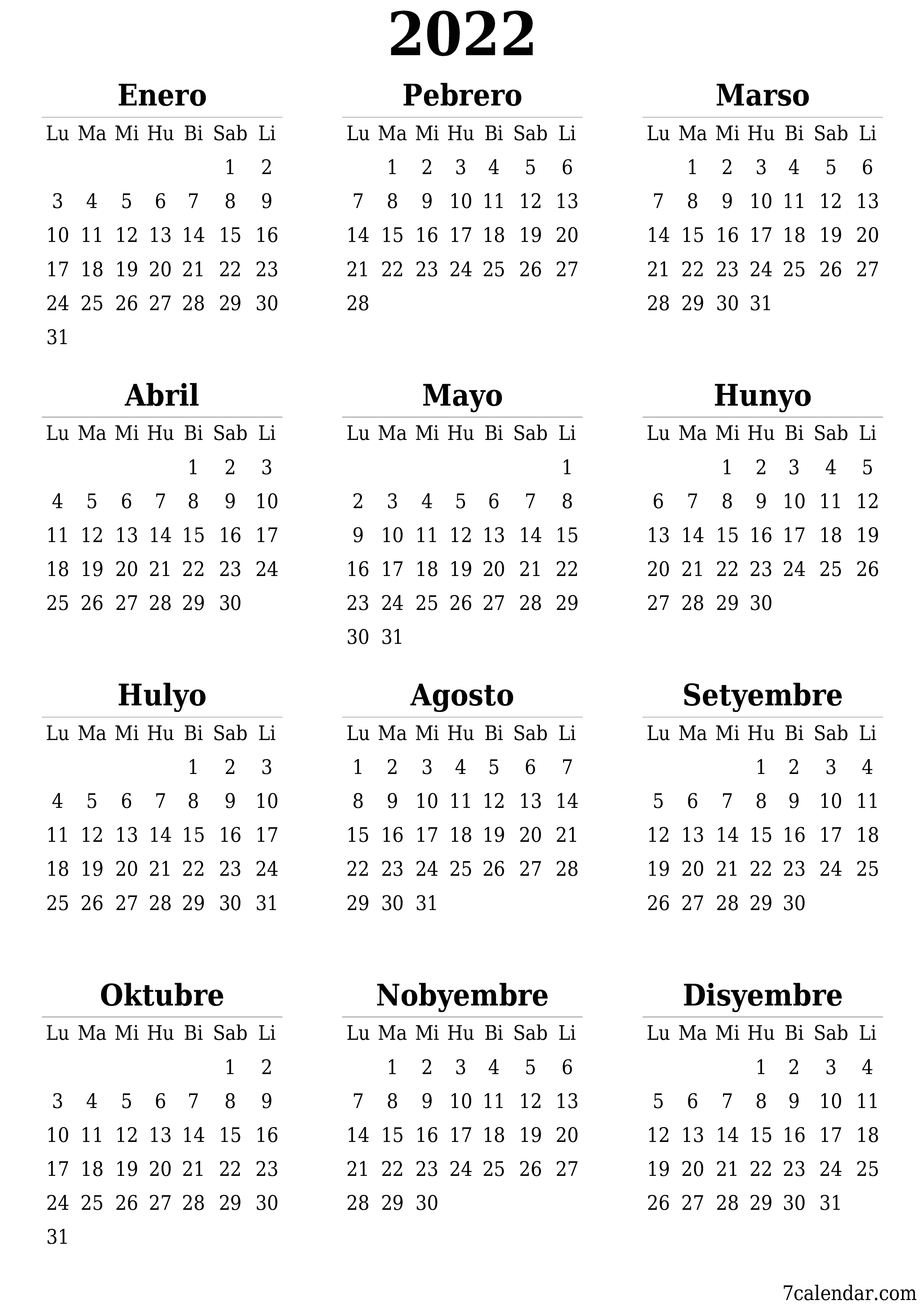 Blangkong taunang kalendaryo para sa taon 2022 i-save at i-print sa PDF PNG Filipino - 7calendar.com