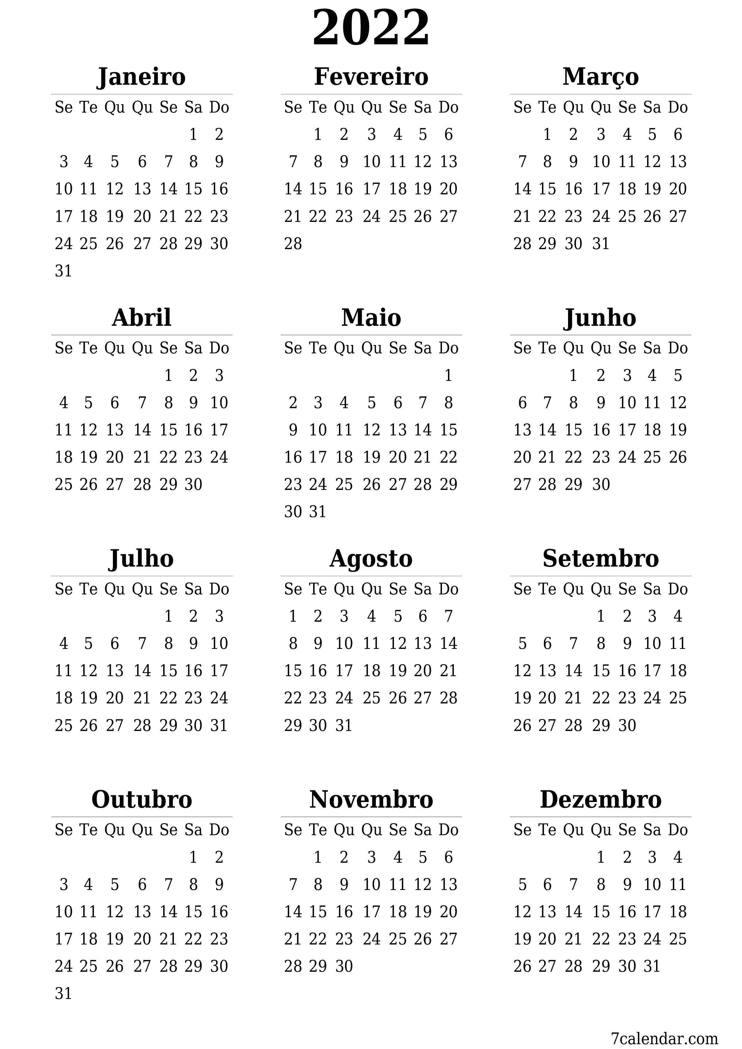 Calendário anual em branco para o ano 2022 salvar e imprimir em PDF PNG Portuguese - 7calendar.com
