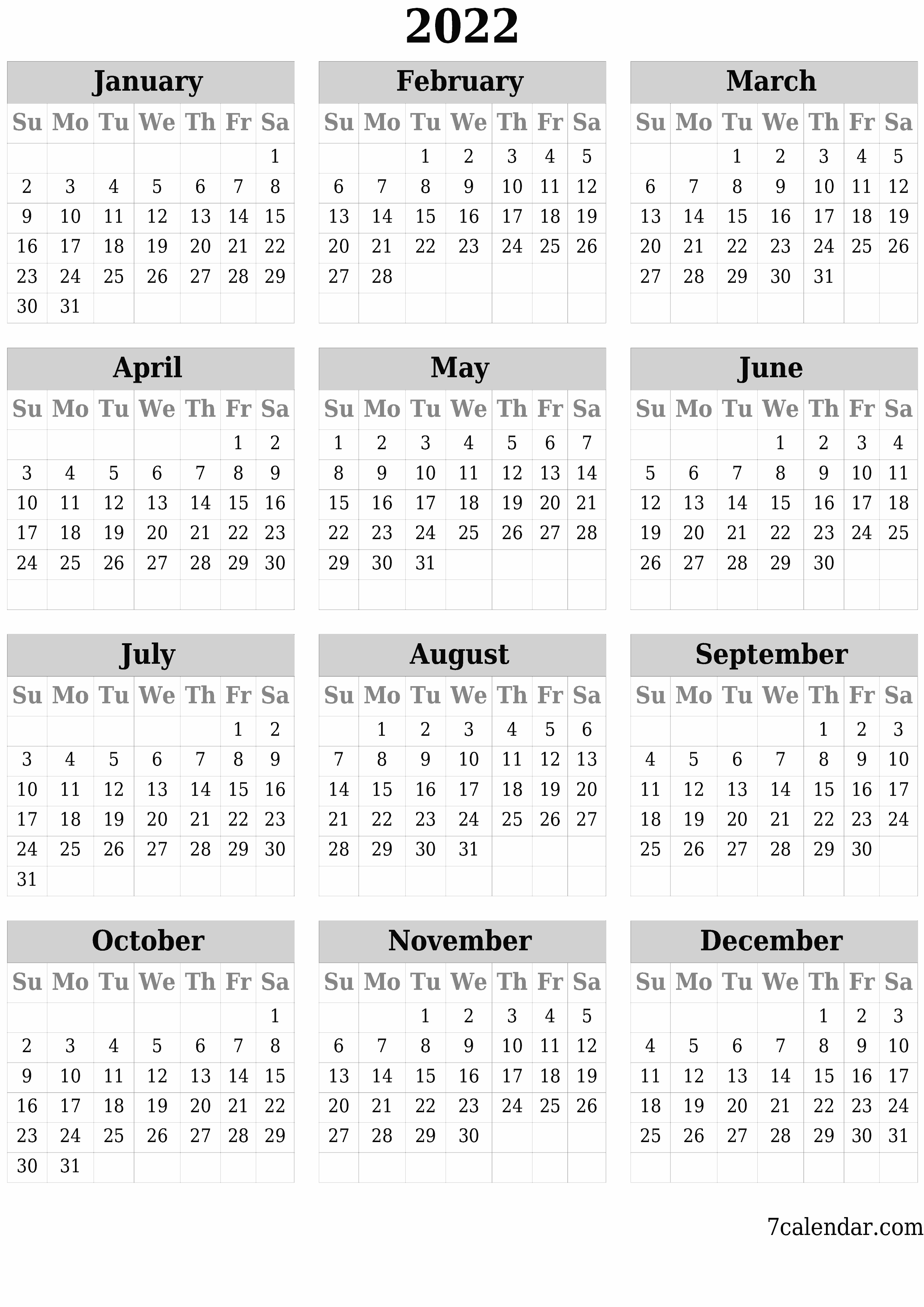 Blank yearly printable calendar and planner for the year 2022 with notes, save and print to PDF PNG English - 7calendar.com