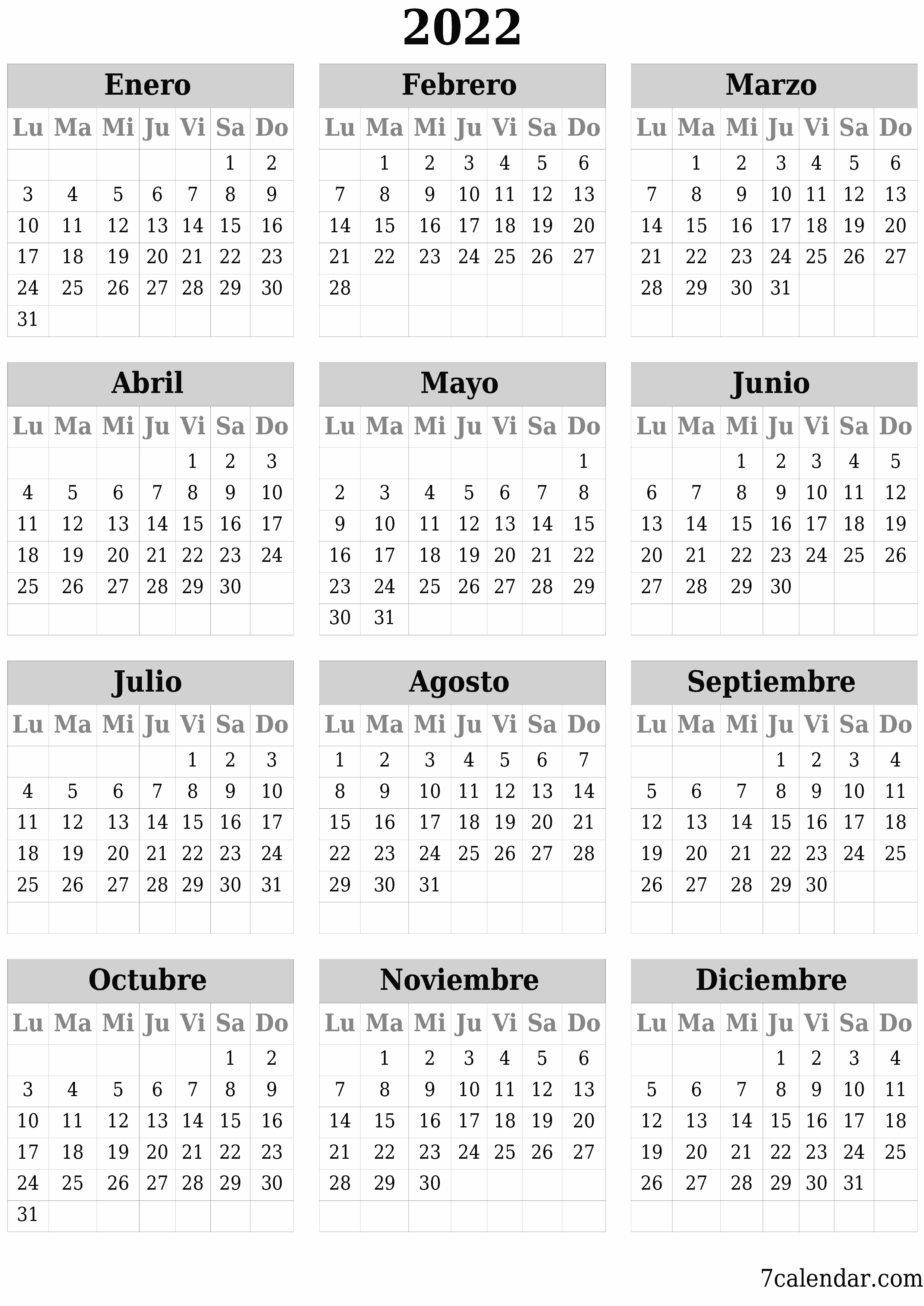 Calendario planificador anual vacío para el año 2022 con notas, guardar e imprimir en PDF PNG Spanish