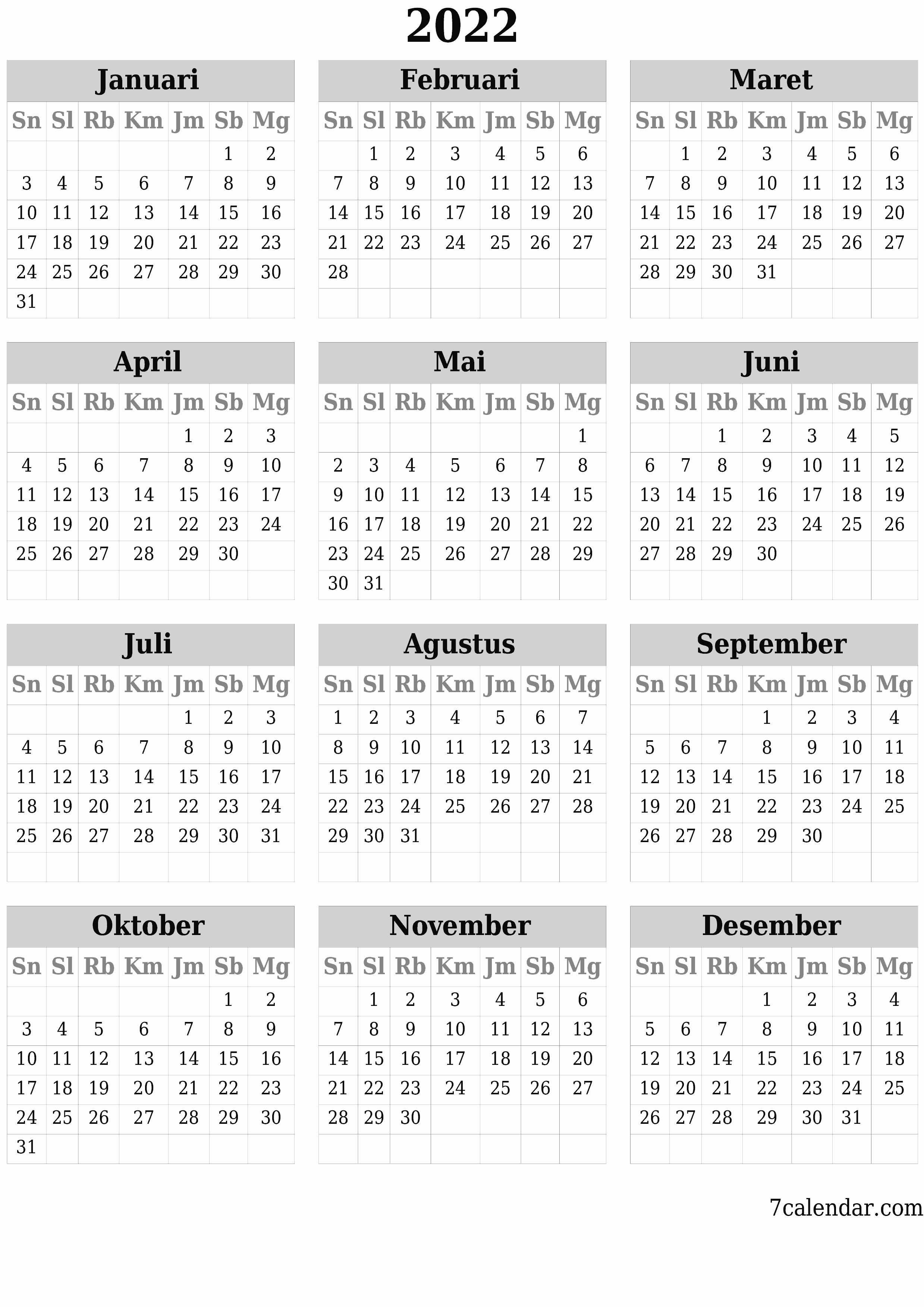 Kalender tahunan kosong untuk tahun 2022 simpan dan cetak ke PDF PNG Indonesian - 7calendar.com