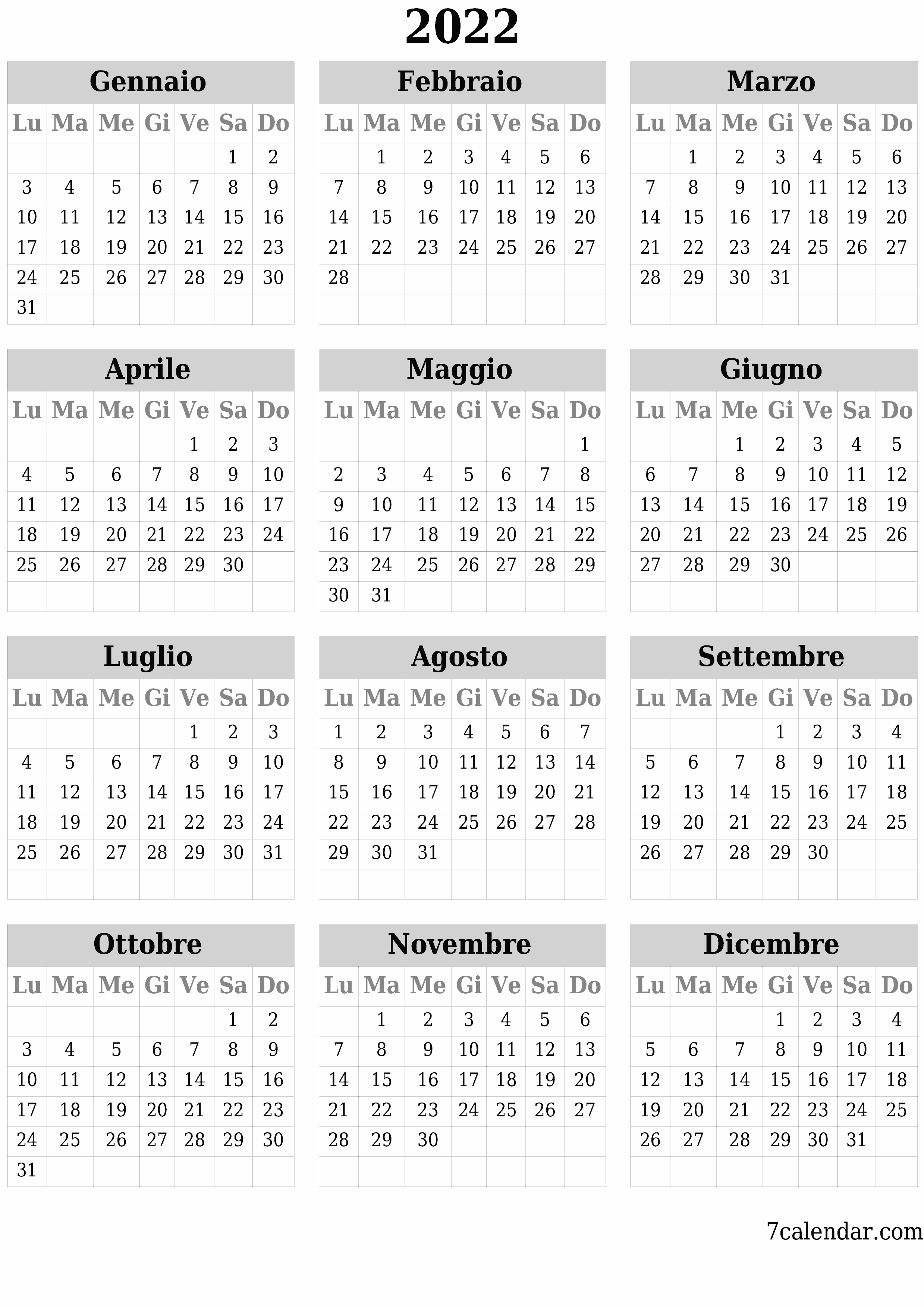 Calendario annuale vuoto per l'anno 2022 salva e stampa in PDF PNG Italian - 7calendar.com