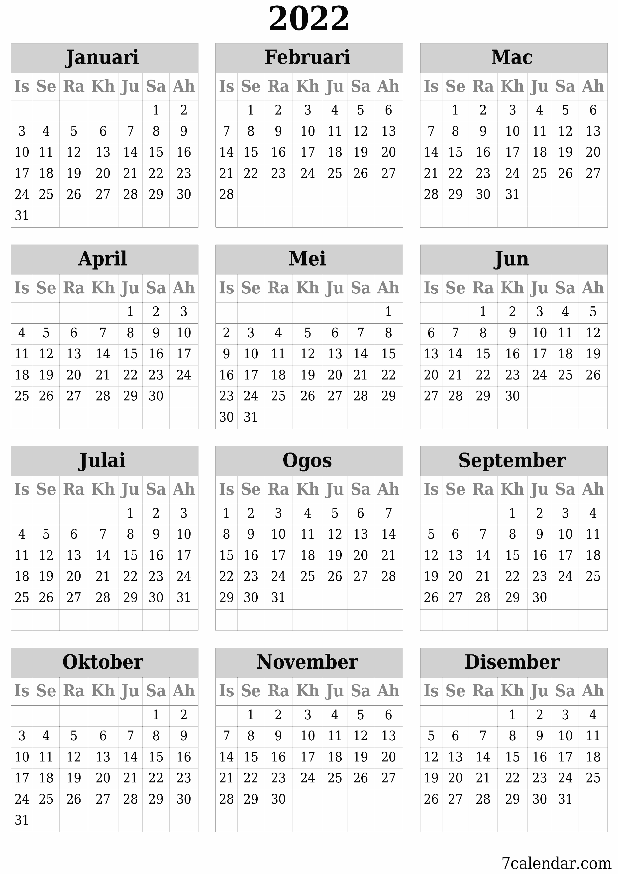 Kalendar perancang tahunan kosong untuk tahun ini 2022 dengan nota, simpan dan cetak ke PDF PNG Malay