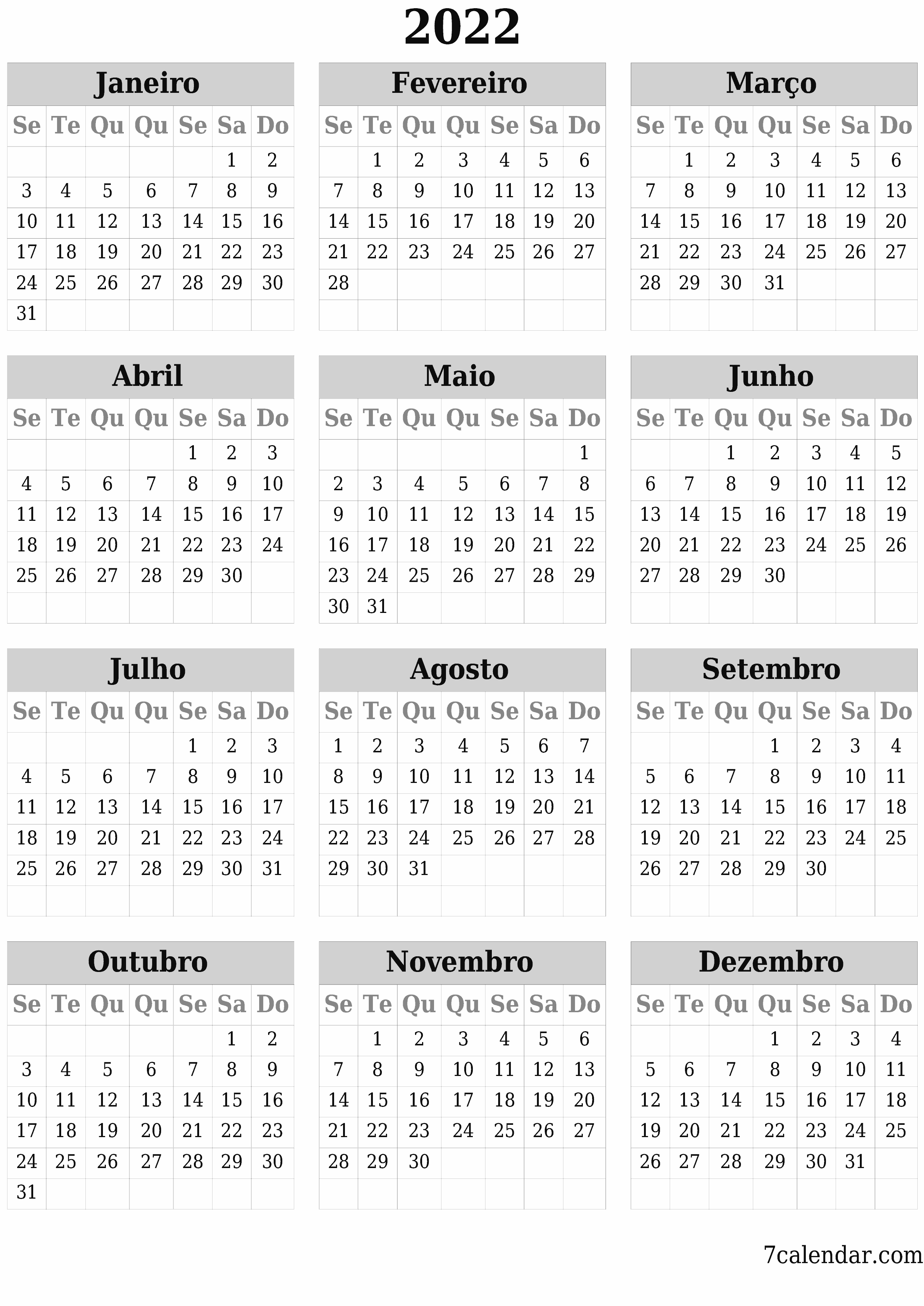 Calendário anual em branco para o ano 2022 salvar e imprimir em PDF PNG Portuguese - 7calendar.com