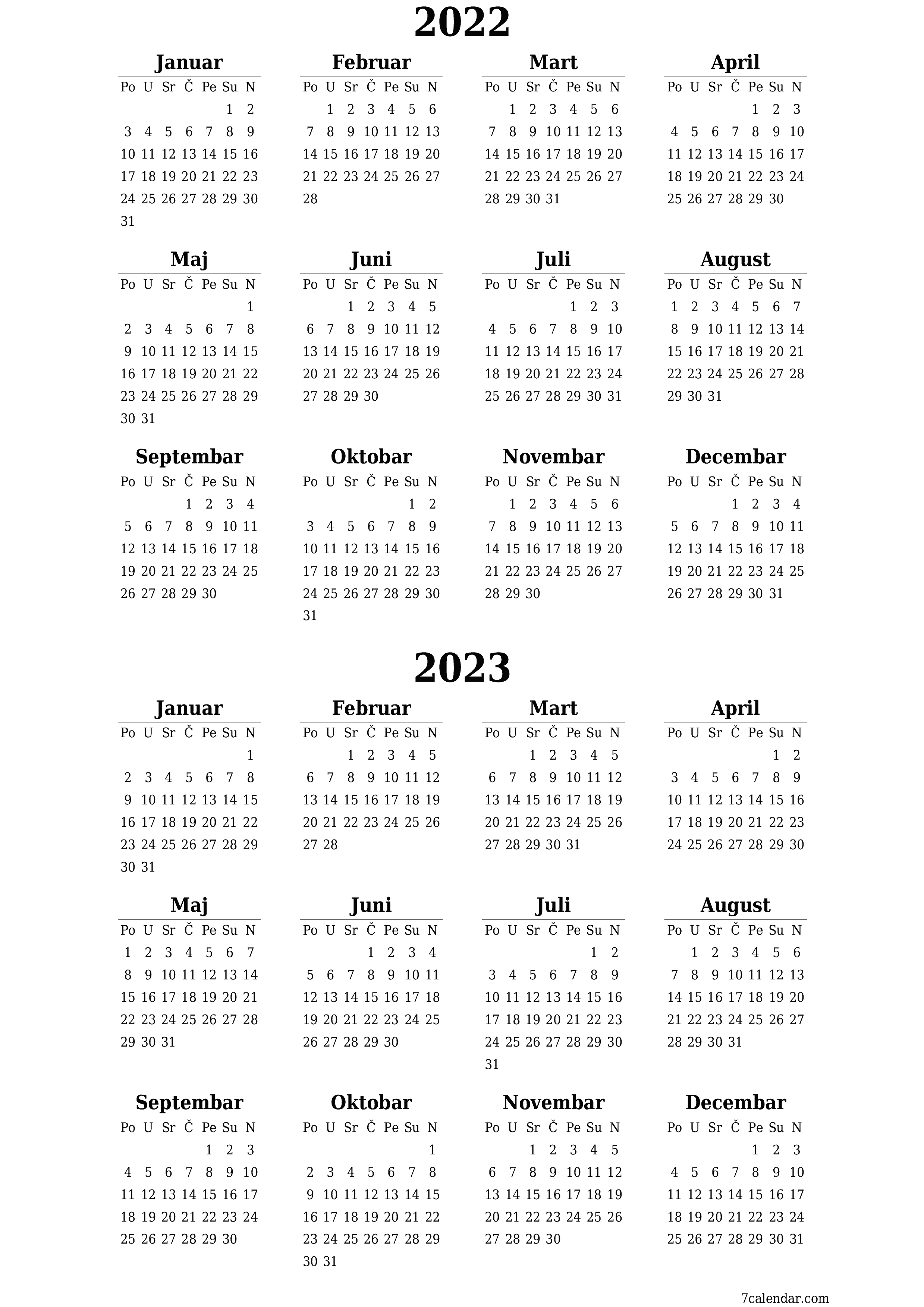 Ispraznite godišnji kalendar planera za godinu 2022, 2023 s bilješkama, spremite i ispišite u PDF PNG Bosnian - 7calendar.com