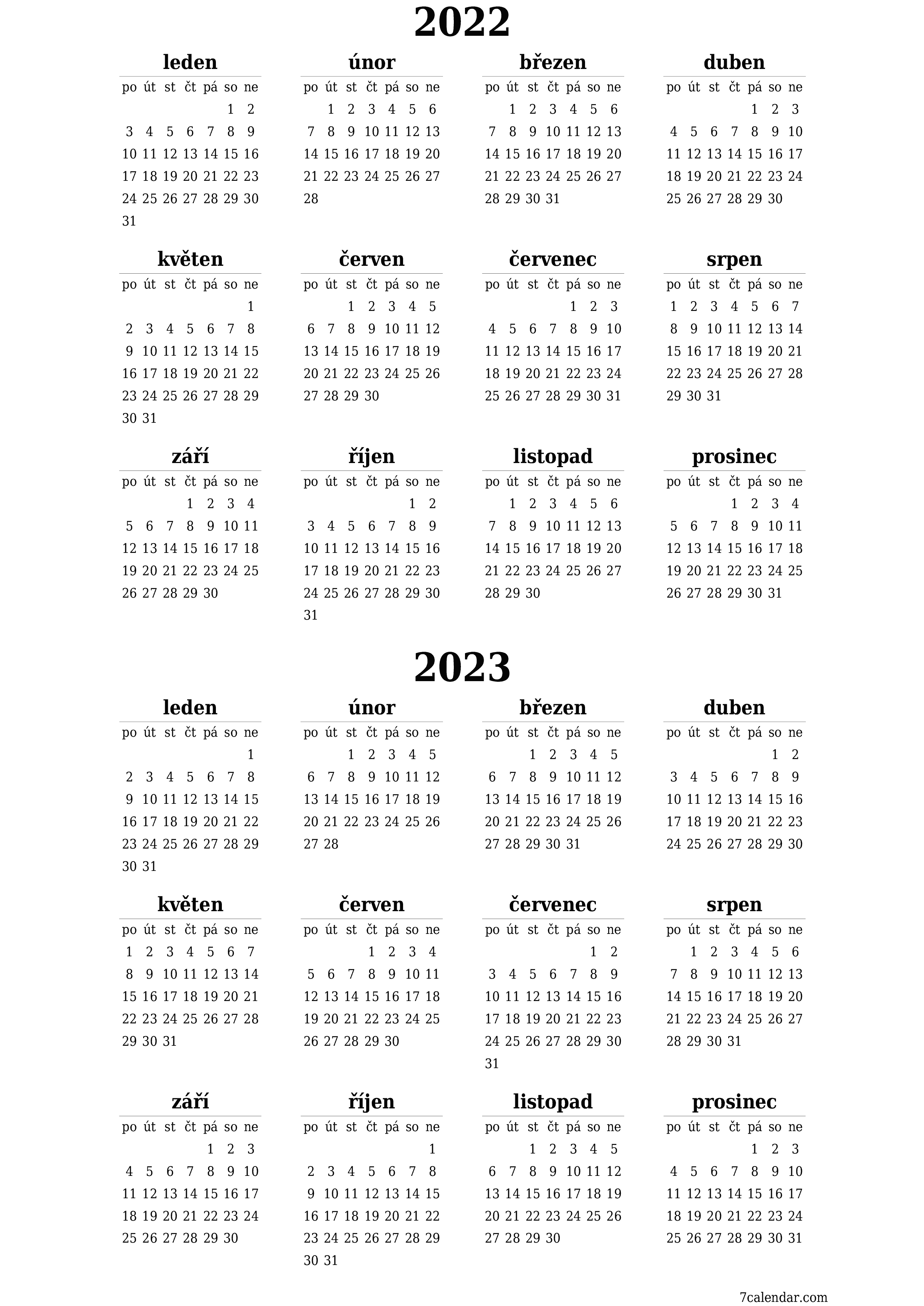 Prázdný roční kalendář plánovače pro rok 2022, 2023 s poznámkami, uložením a tiskem do PDF PNG Czech - 7calendar.com