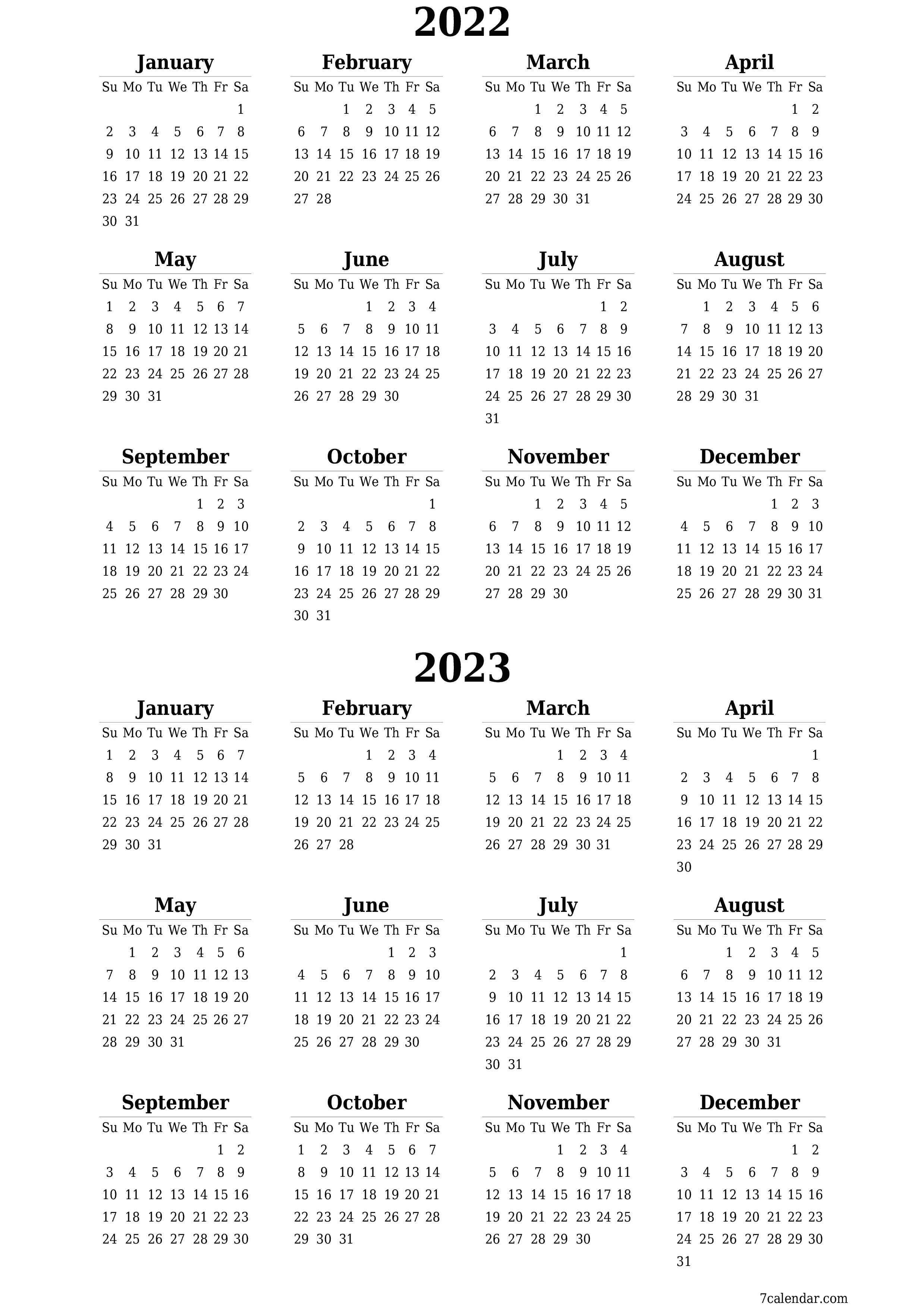 Blank yearly dated HD template image of calendar for year 2022, 2023 save and print to PDF PNG English - 7calendar.com