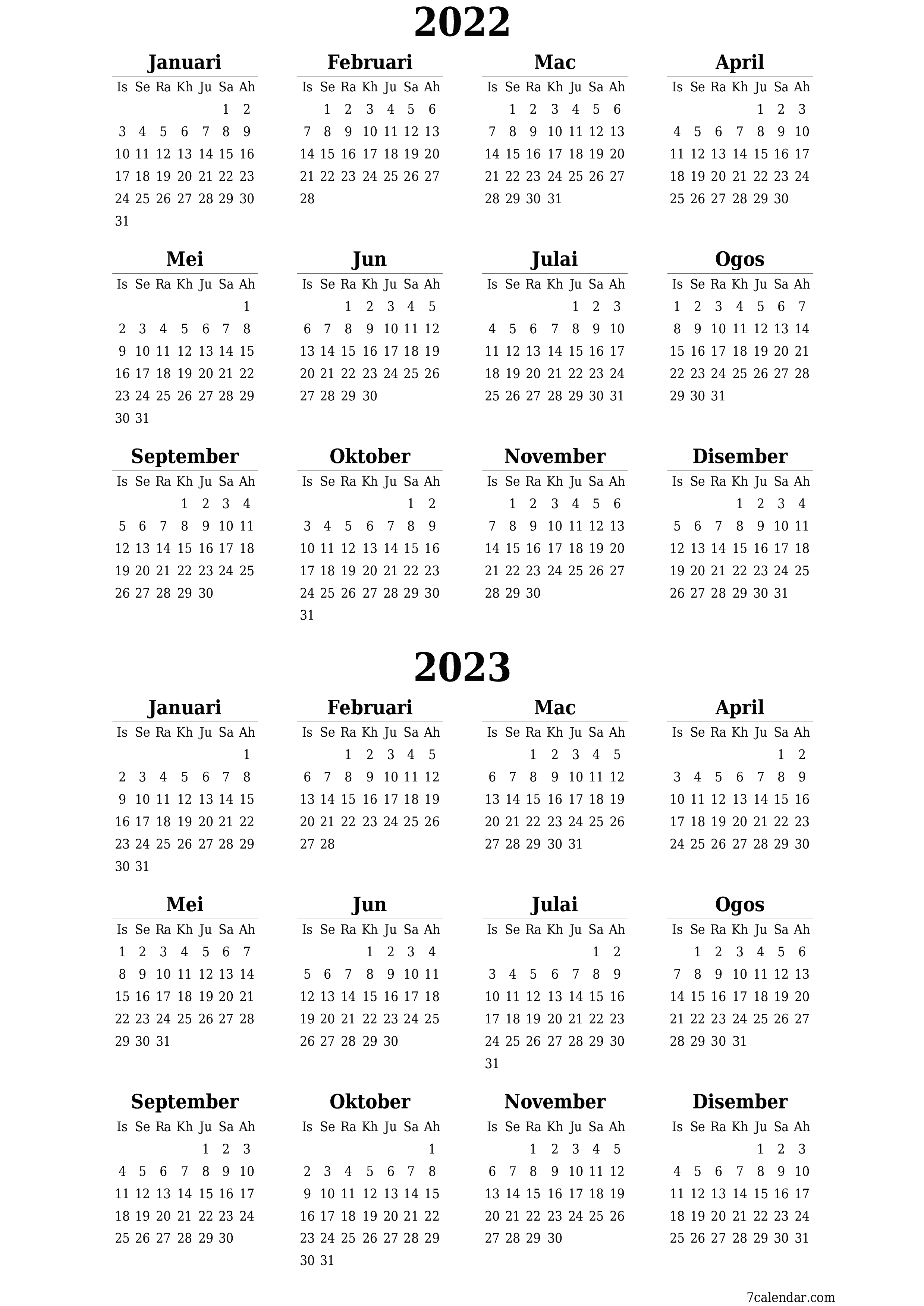 Kalendar perancang tahunan kosong untuk tahun ini 2022, 2023 dengan nota, simpan dan cetak ke PDF PNG Malay