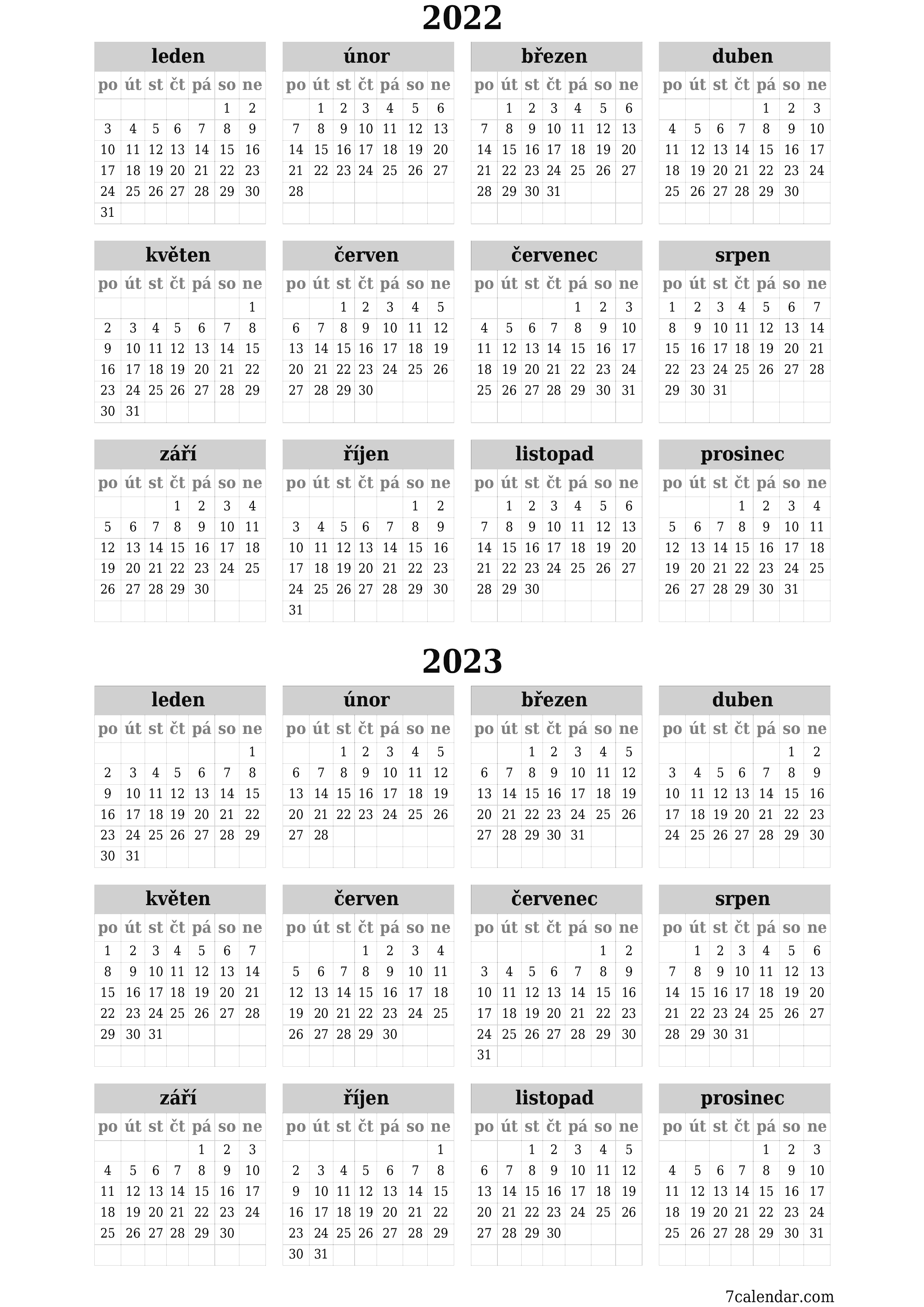 Prázdný roční kalendář pro rok 2022, 2023 uložit a vytisknout do PDF PNG Czech - 7calendar.com