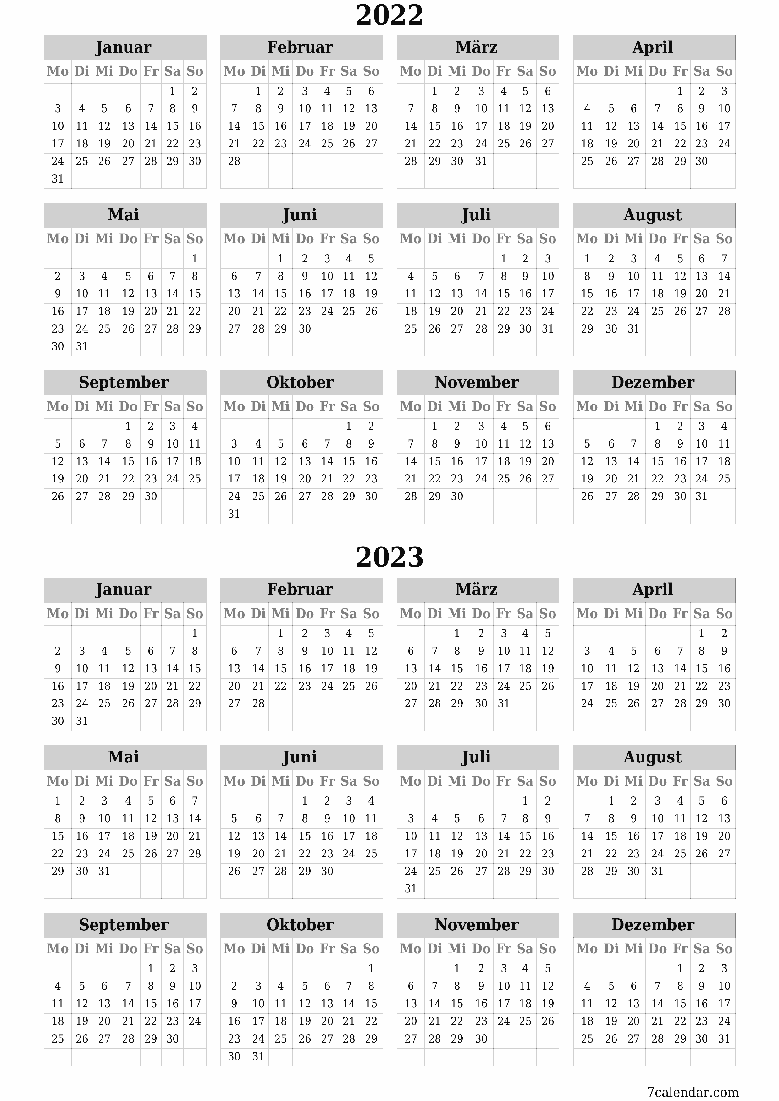 Jahresplanerkalender für das Jahr 2022, 2023 mit Notizen leeren, speichern und als PDF PNG German - 7calendar.com drucken