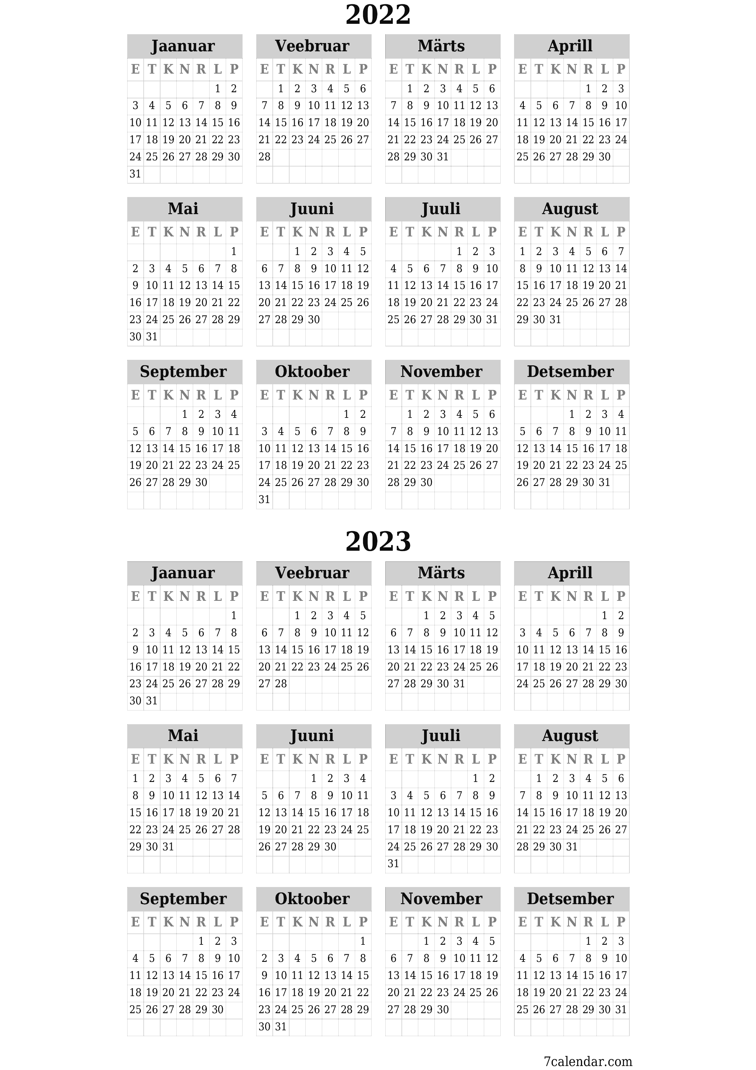 Aasta tühi aastakalender 2022, 2023 salvestage ja printige PDF-i PNG Estonian - 7calendar.com