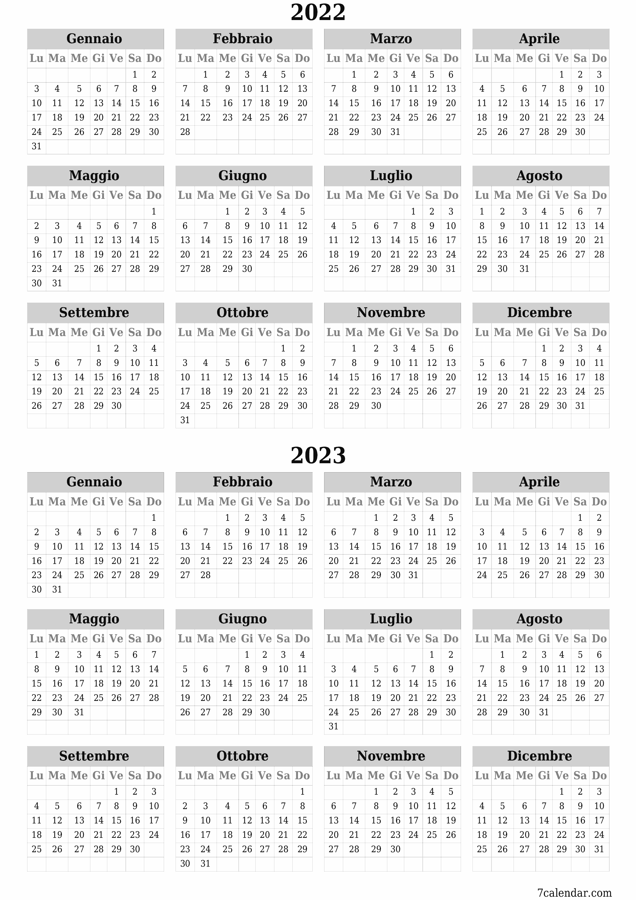 Calendario pianificatore annuale vuoto per l'anno 2022, 2023 con note, salva e stampa in PDF PNG Italian