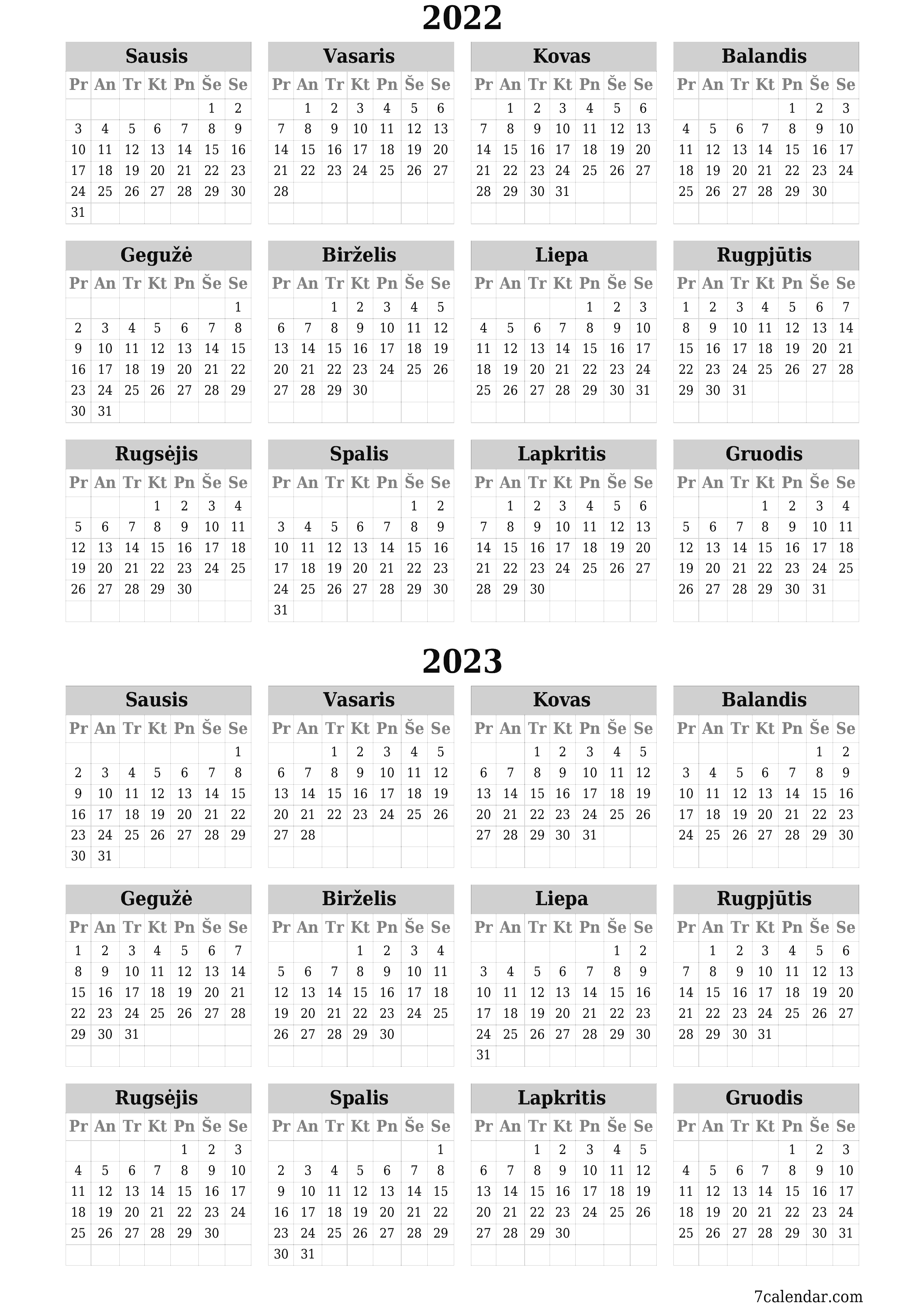 Tuščias metų planavimo kalendorius 2022, 2023 su užrašais, išsaugokite ir atsispausdinkite PDF formatu PNG Lithuanian - 7calendar.com