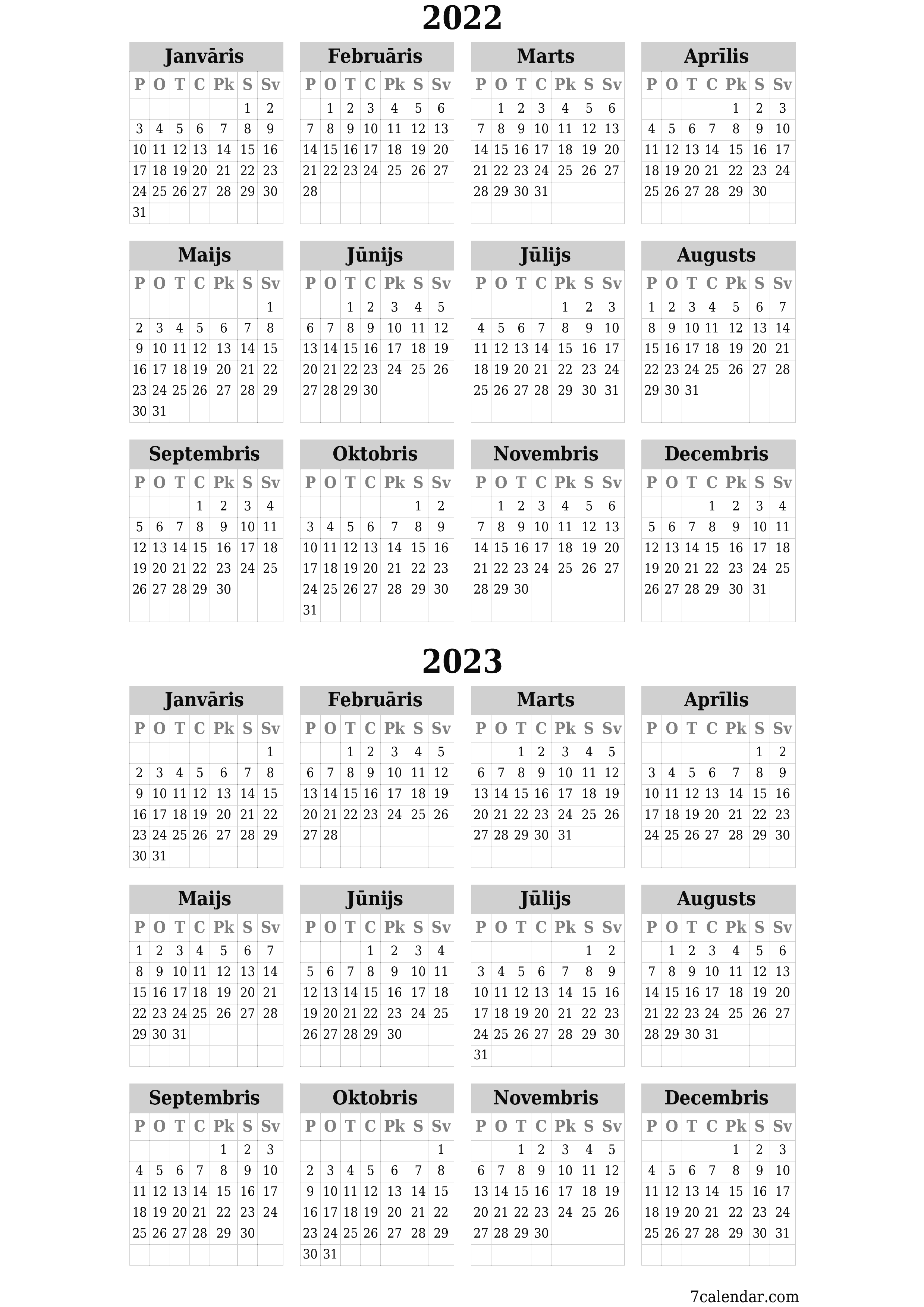 Tukšs gada plānotāja kalendārs gadam 2022, 2023 ar piezīmēm, saglabāšana un izdrukāšana PDF formātā PNG Latvian