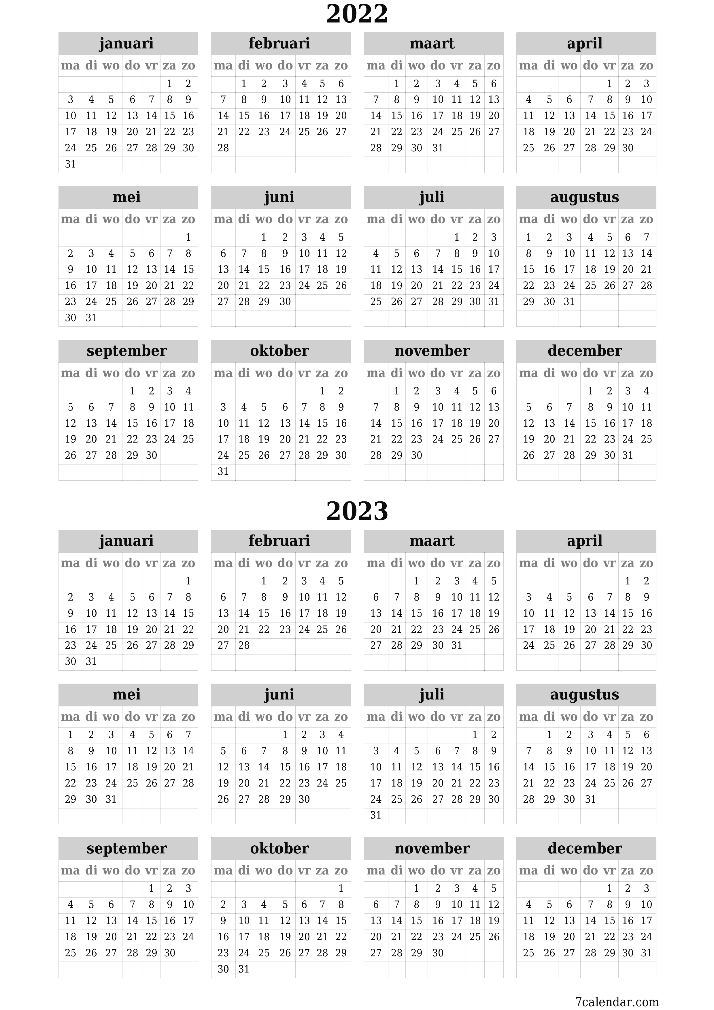 Lege jaarplanningskalender voor het jaar 2022, 2023 met notities, opslaan en afdrukken naar pdf PNG Dutch - 7calendar.com