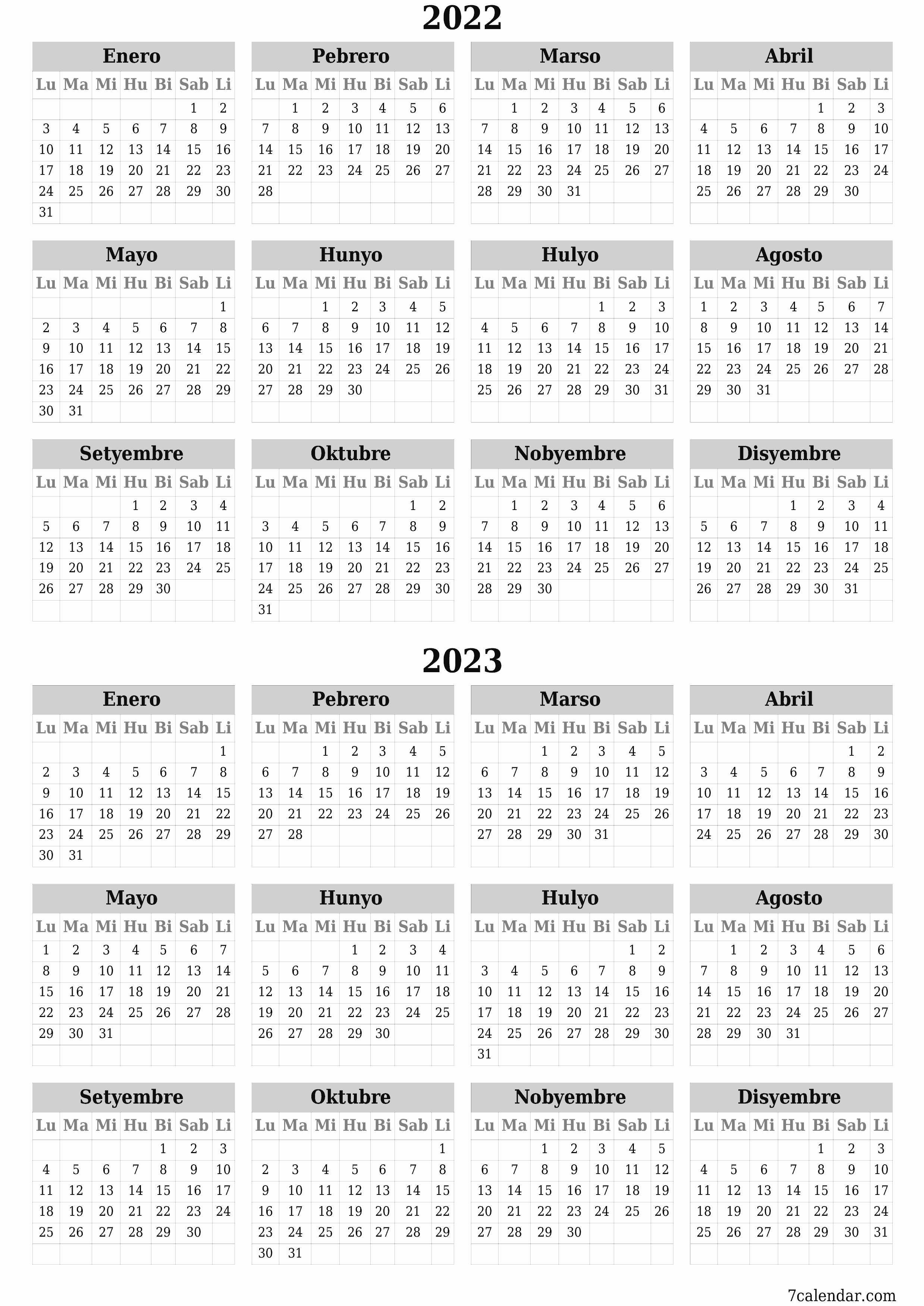 Blangkong taunang kalendaryo para sa taon 2022, 2023 i-save at i-print sa PDF PNG Filipino - 7calendar.com