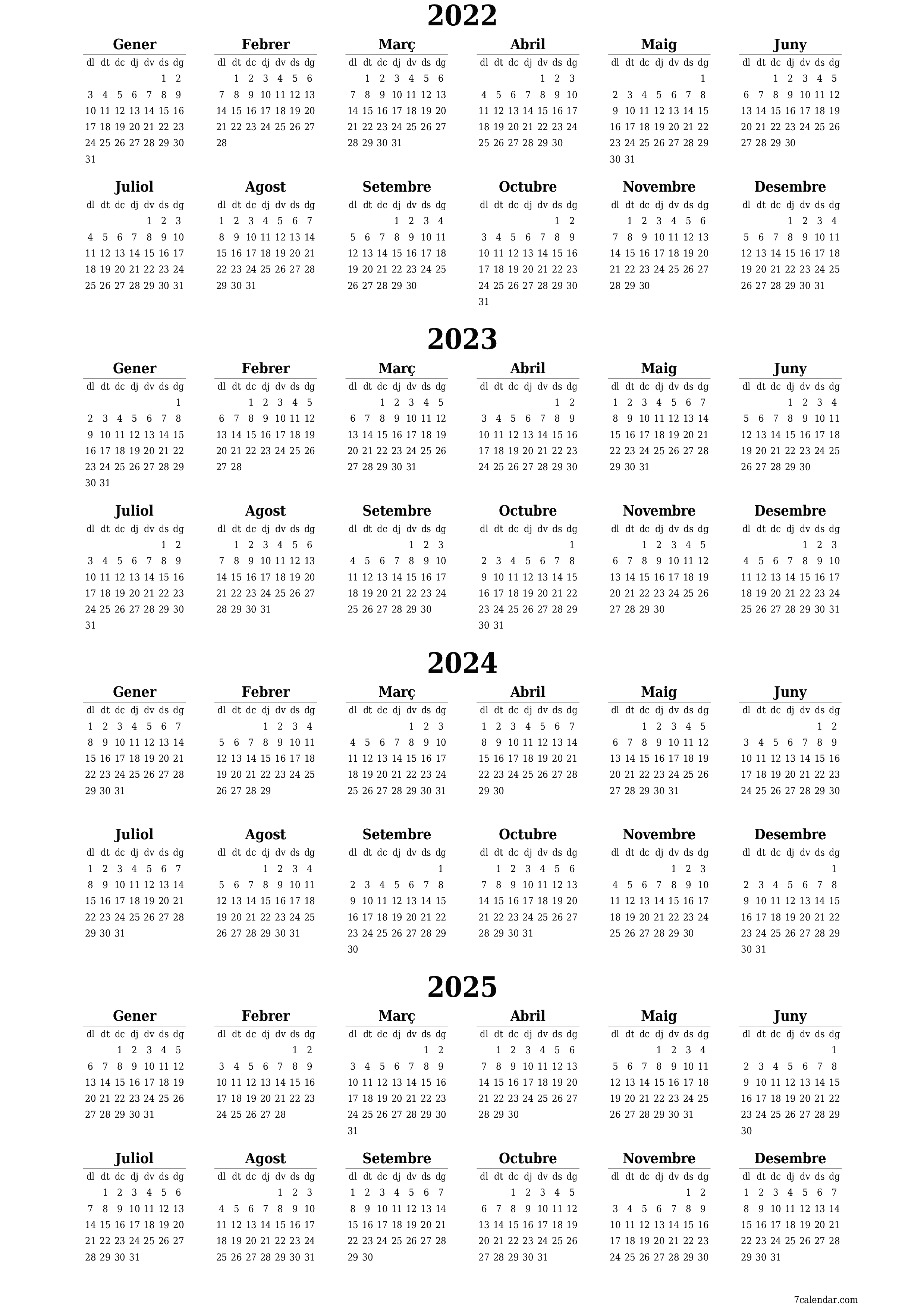  imprimible de paret plantilla de gratuïtvertical Anual calendari Desembre (Des) 2022