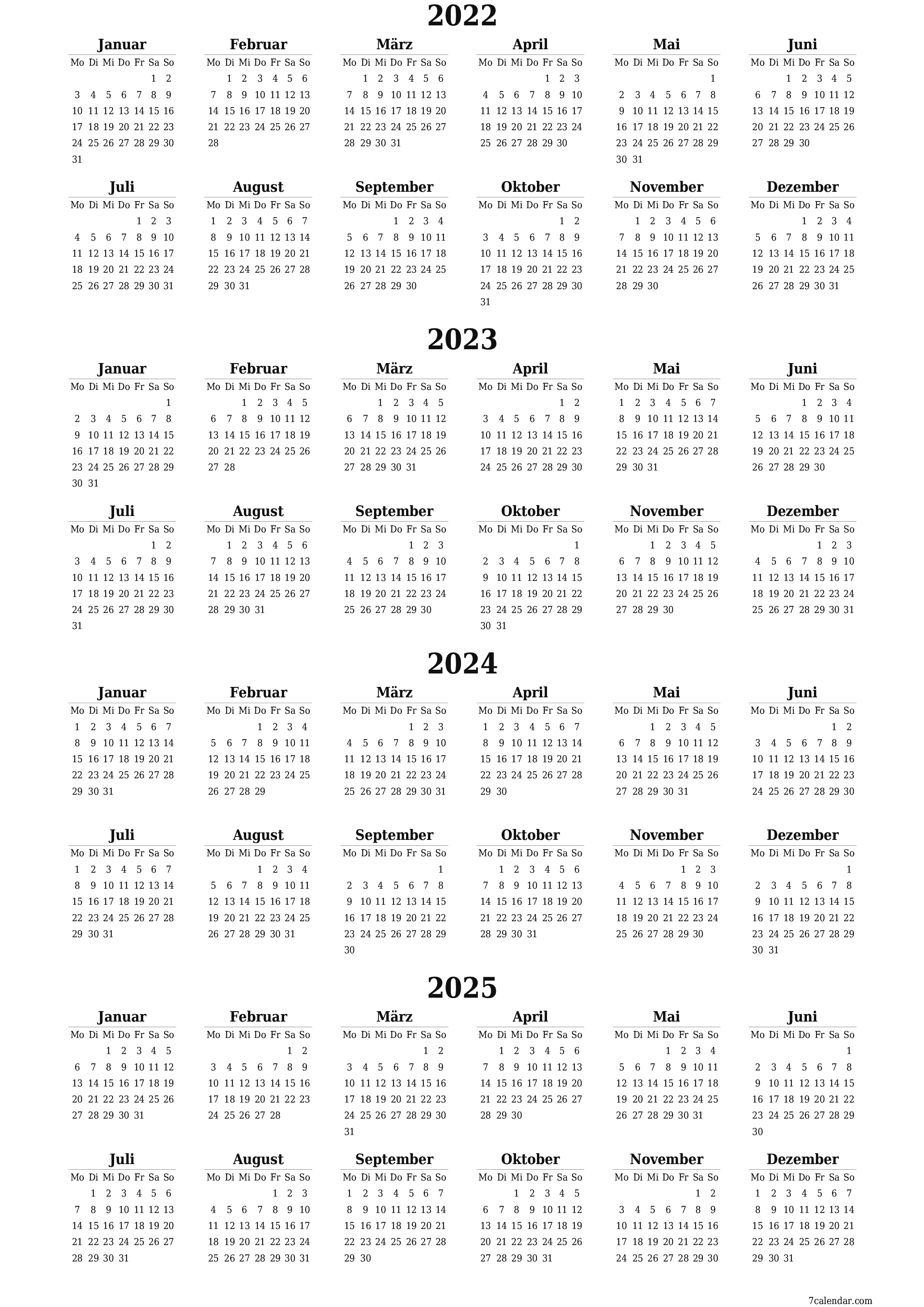 Leerer Jahreskalender für das Jahr 2022, 2023, 2024, 2025 speichern und als PDF PNG German - 7calendar.com drucken