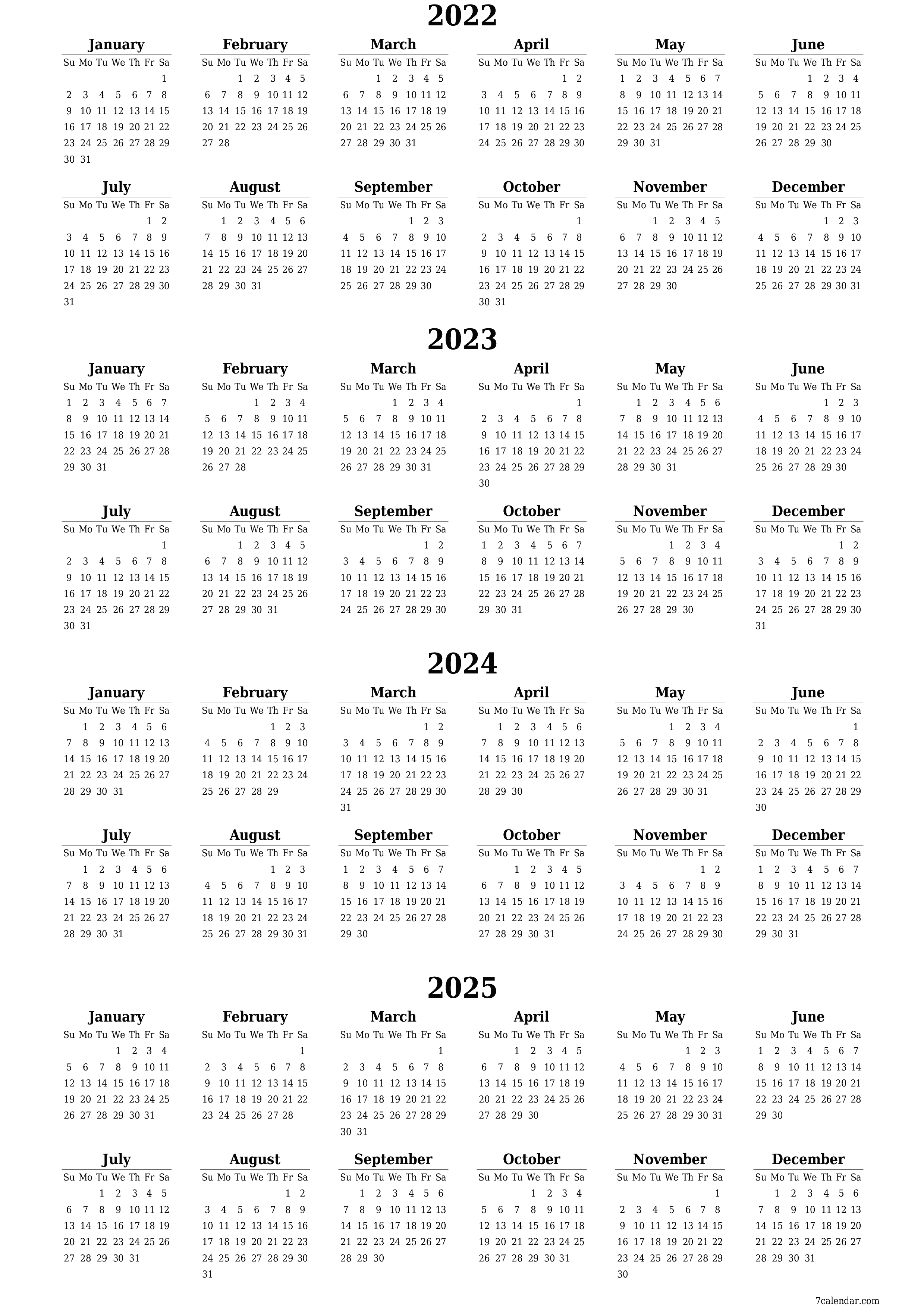 printable wall template free vertical Yearly calendar February (Feb) 2022