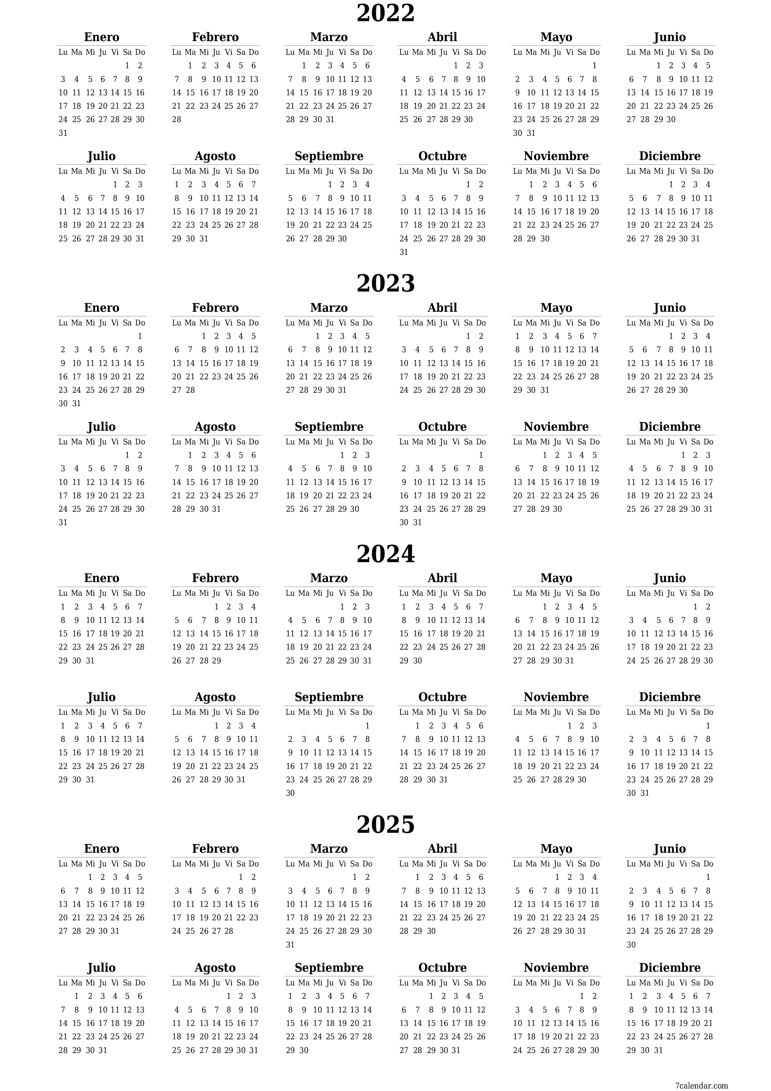 Calendario anual en blanco para el año 2022, 2023, 2024, 2025 guardar e imprimir en PDF PNG Spanish - 7calendar.com