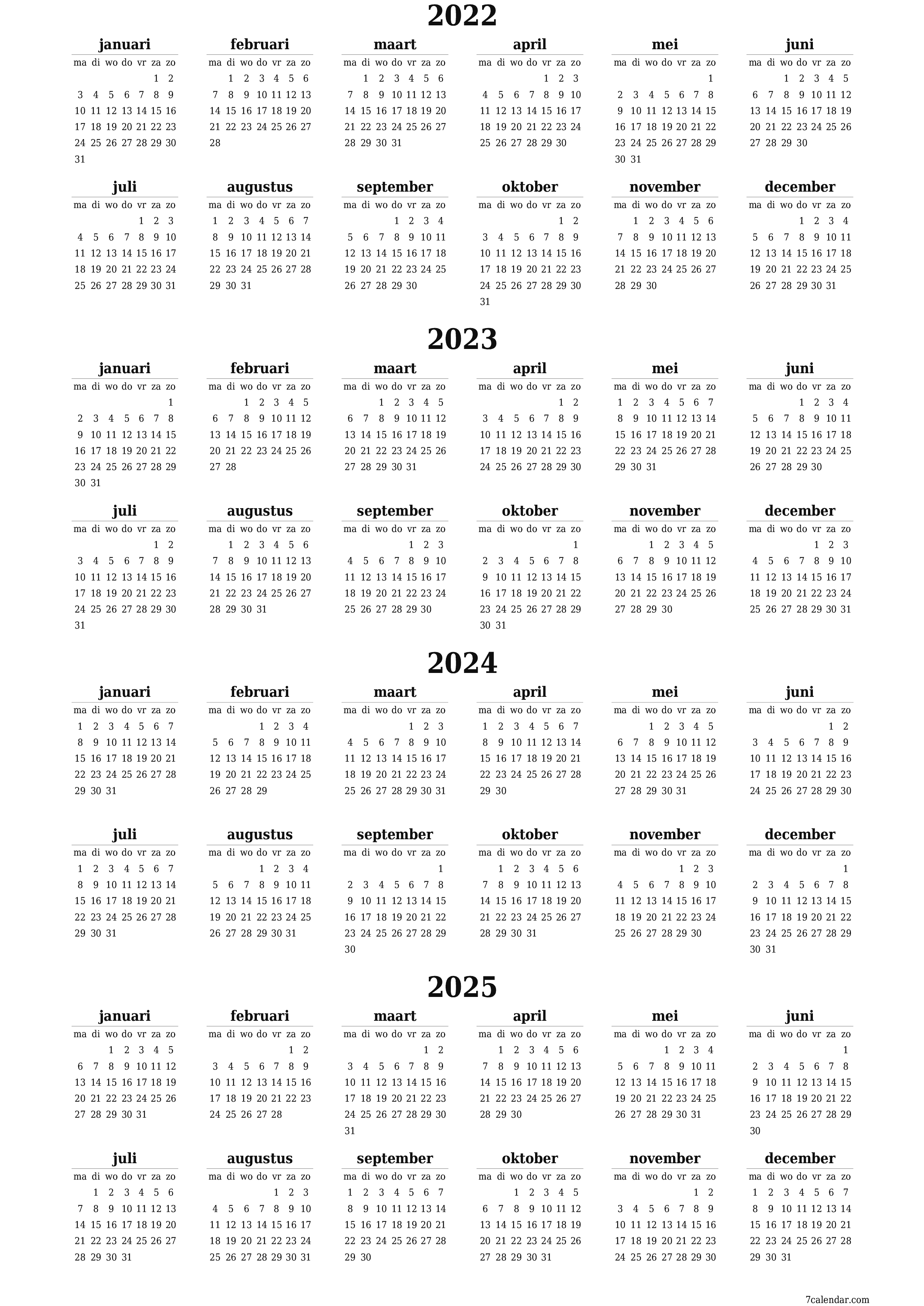 Lege jaarplanningskalender voor het jaar 2022, 2023, 2024, 2025 met notities, opslaan en afdrukken naar pdf PNG Dutch - 7calendar.com