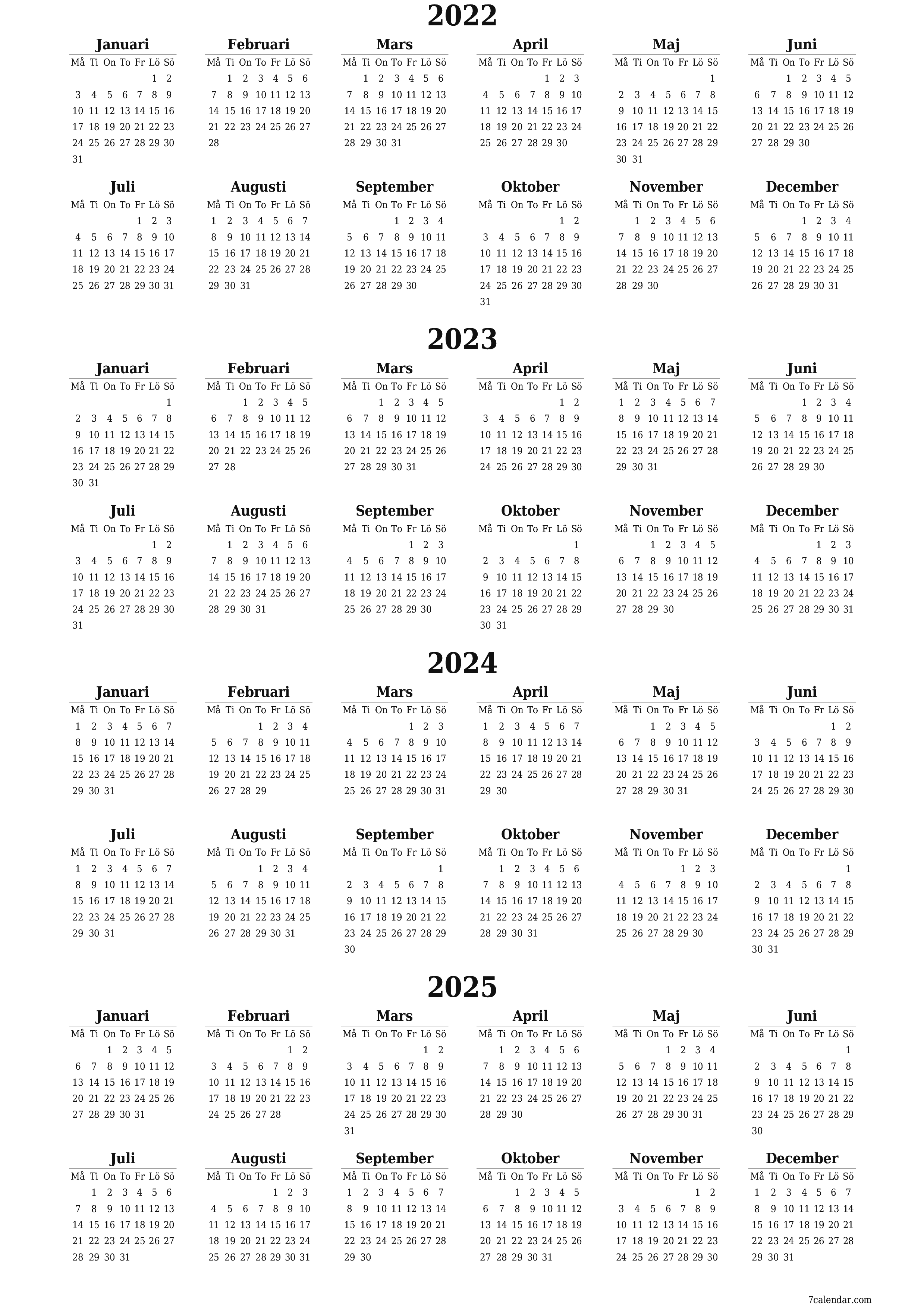 Tom årlig planeringskalender för året 2022, 2023, 2024, 2025 med anteckningar, spara och skriv ut till PDF PNG Swedish - 7calendar.com