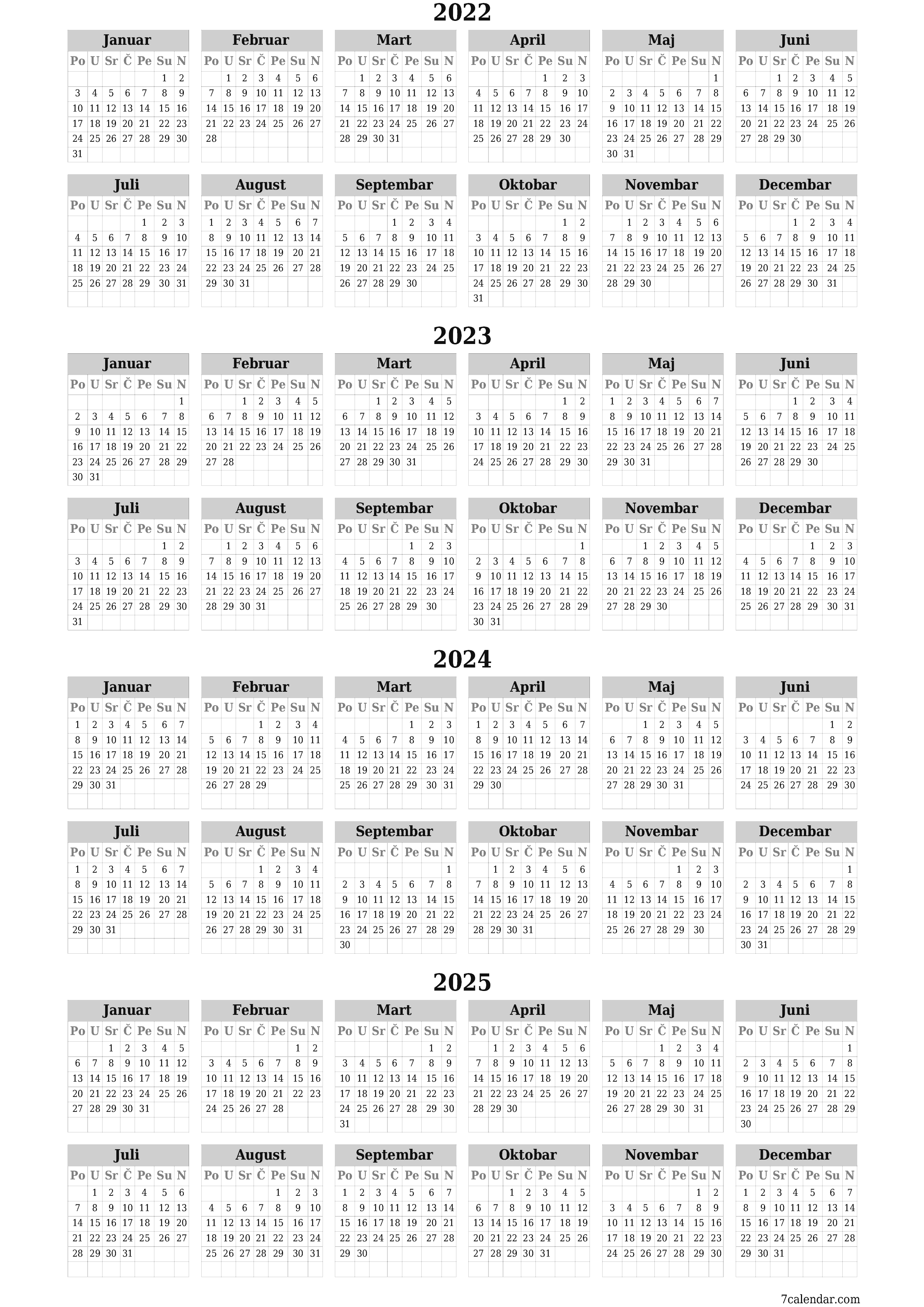 Prazan godišnji kalendar za godinu 2022, 2023, 2024, 2025 spremite i ispišite u PDF-u PNG Bosnian - 7calendar.com