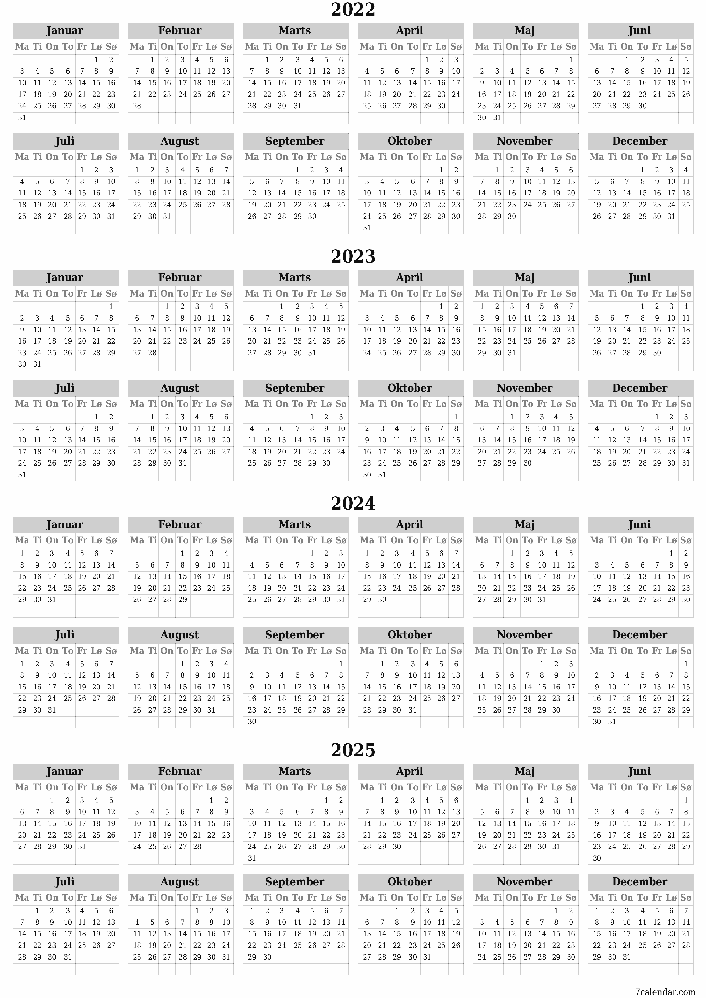 Tom årlig planlægningskalender for året 2022, 2023, 2024, 2025 med noter, gem og udskriv til PDF PNG Danish