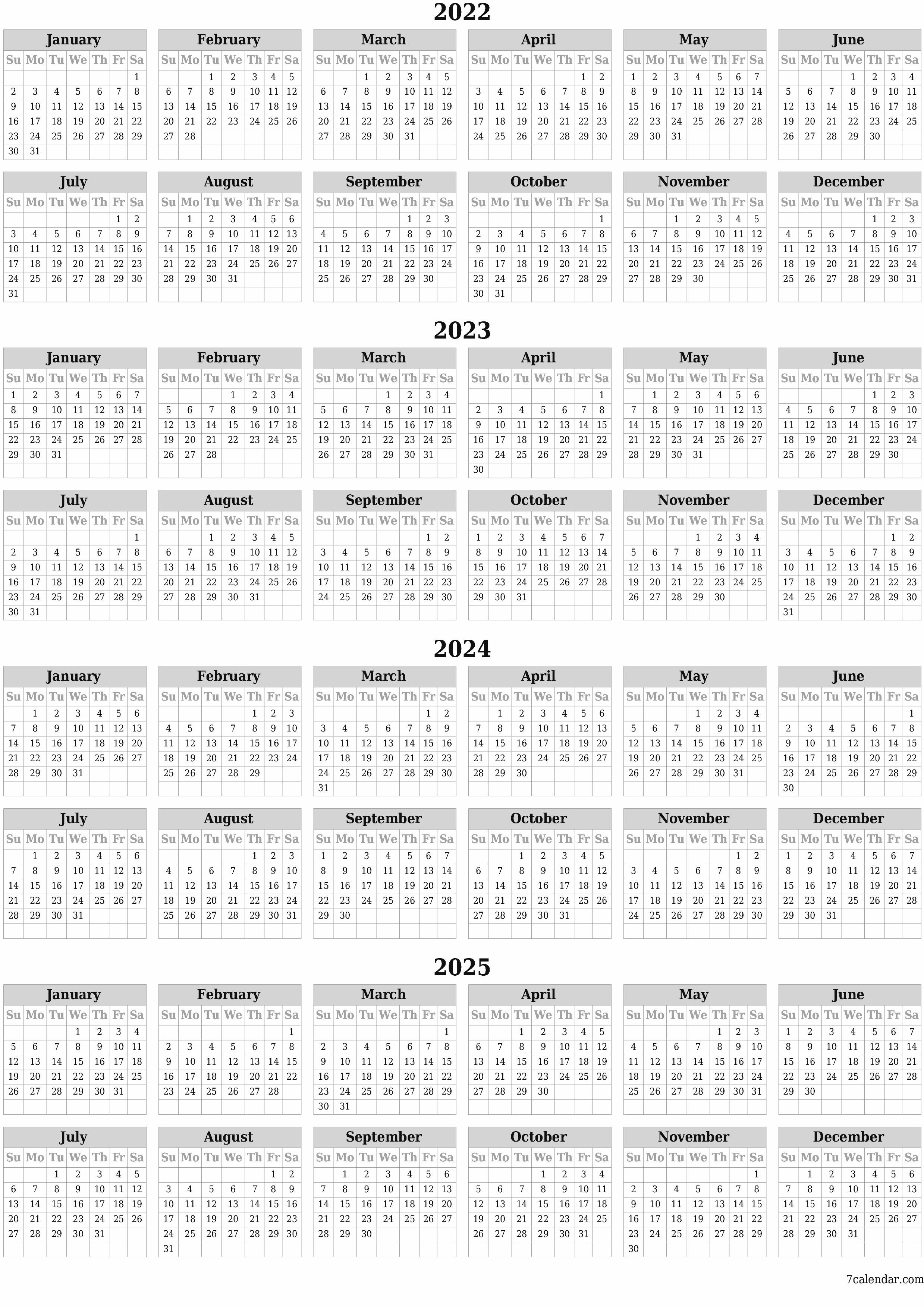 Blank yearly dated HD template image of calendar for year 2022, 2023, 2024, 2025 save and print to PDF PNG English - 7calendar.com