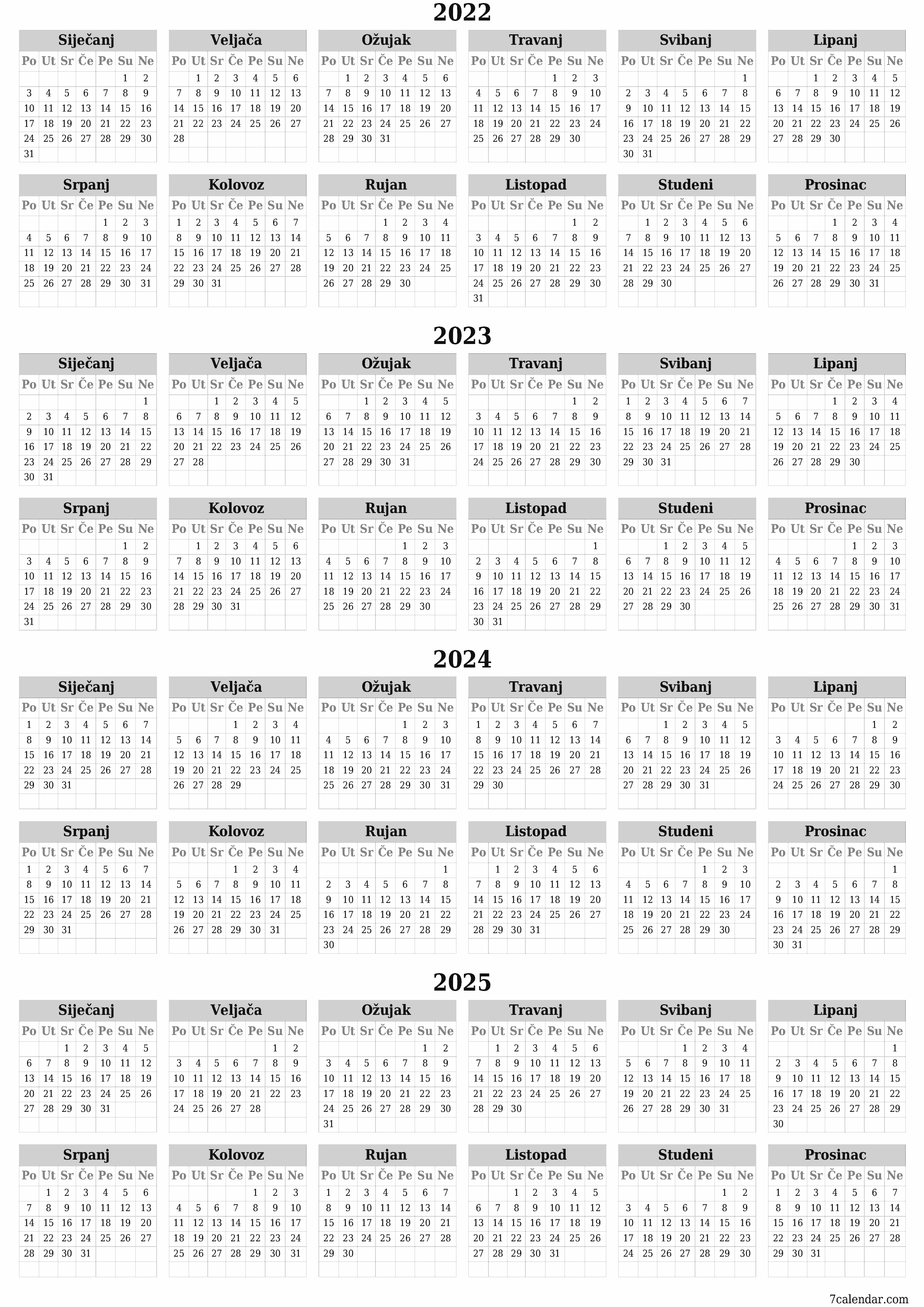 Ispraznite godišnji kalendar planera za godinu 2022, 2023, 2024, 2025 s bilješkama, spremite i ispišite u PDF PNG Croatian
