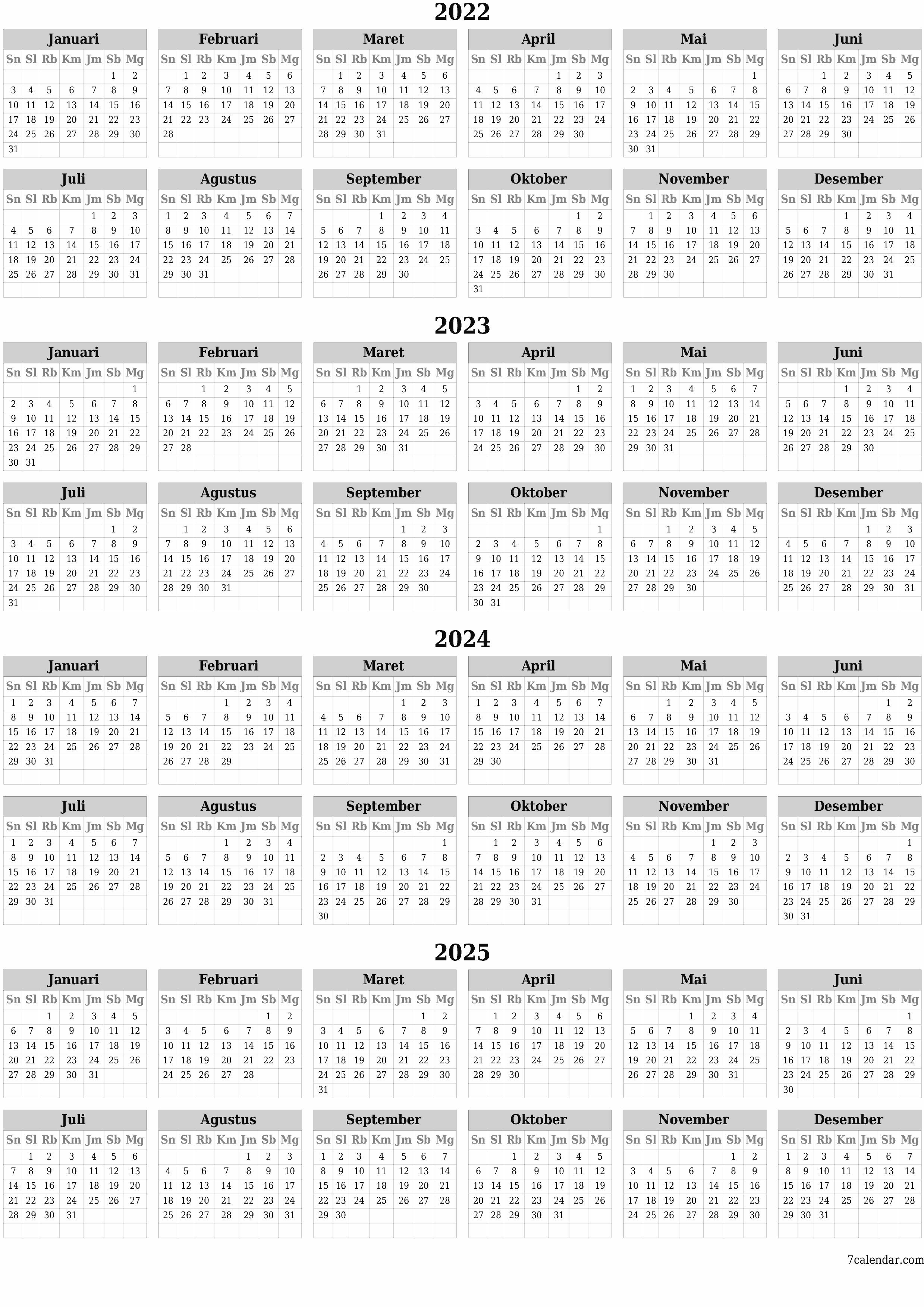 Kalender tahunan kosong untuk tahun 2022, 2023, 2024, 2025 simpan dan cetak ke PDF PNG Indonesian - 7calendar.com