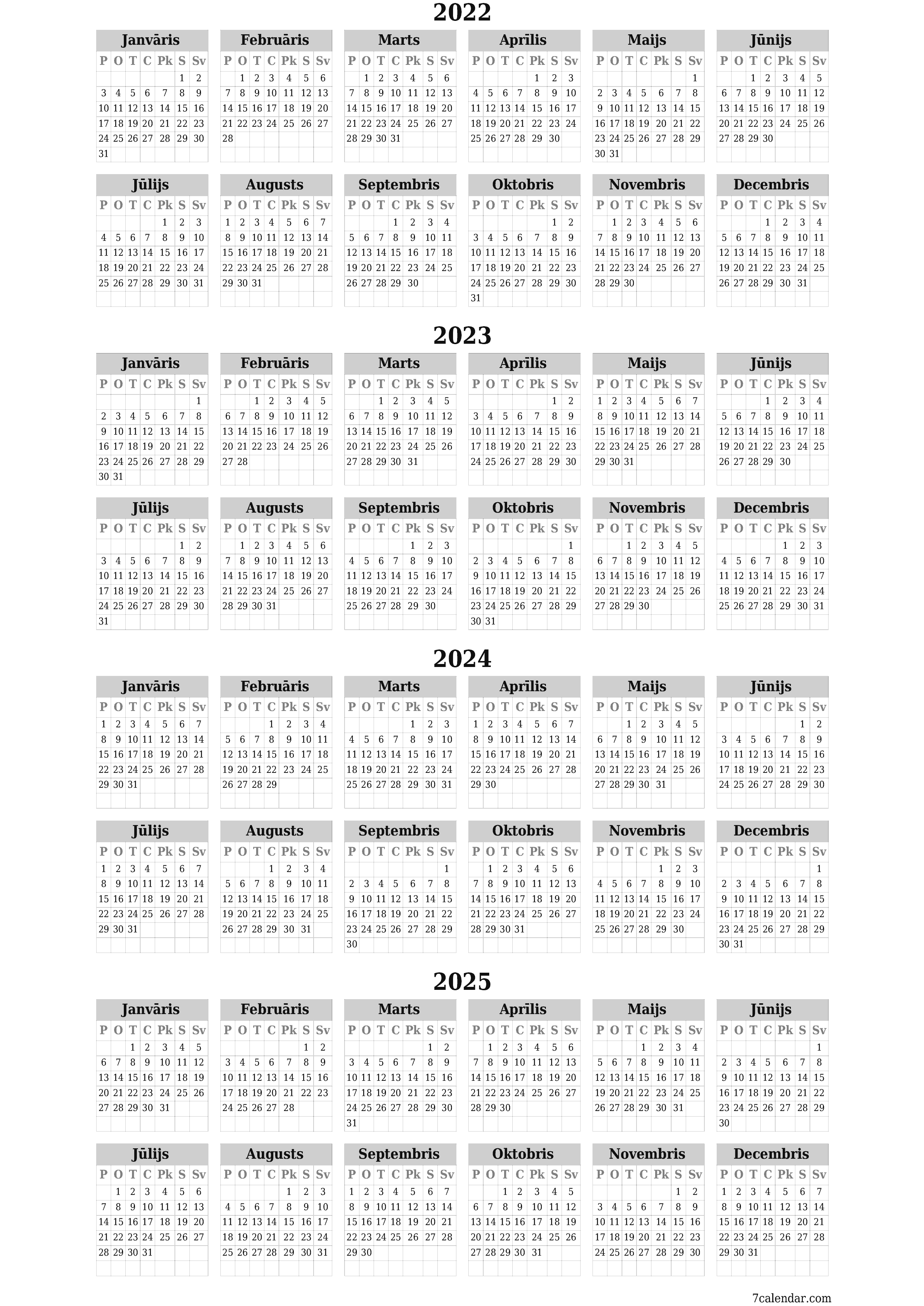 Tukšs gada plānotāja kalendārs gadam 2022, 2023, 2024, 2025 ar piezīmēm, saglabāšana un izdrukāšana PDF formātā PNG Latvian