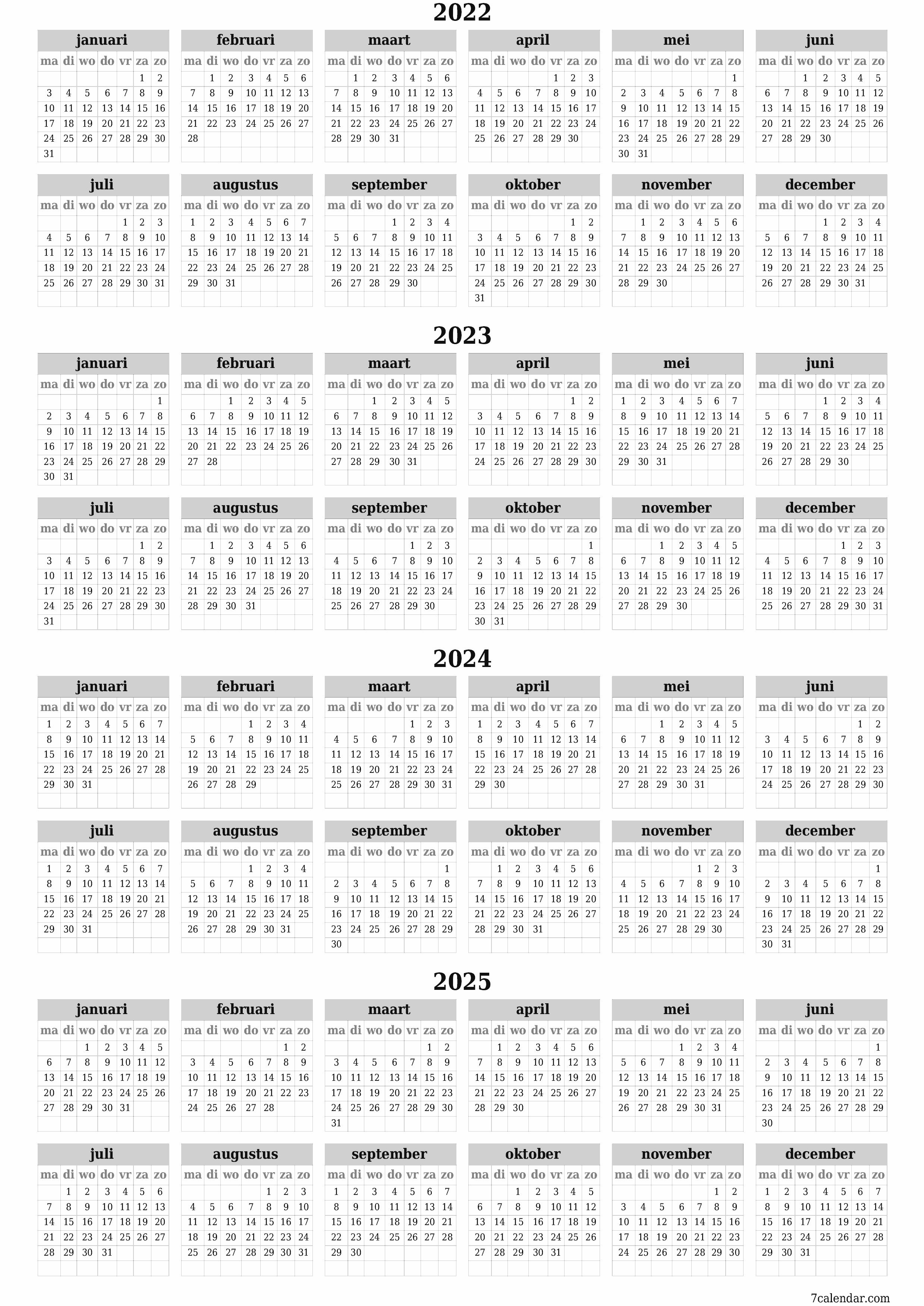 Lege jaarplanningskalender voor het jaar 2022, 2023, 2024, 2025 met notities, opslaan en afdrukken naar pdf PNG Dutch - 7calendar.com