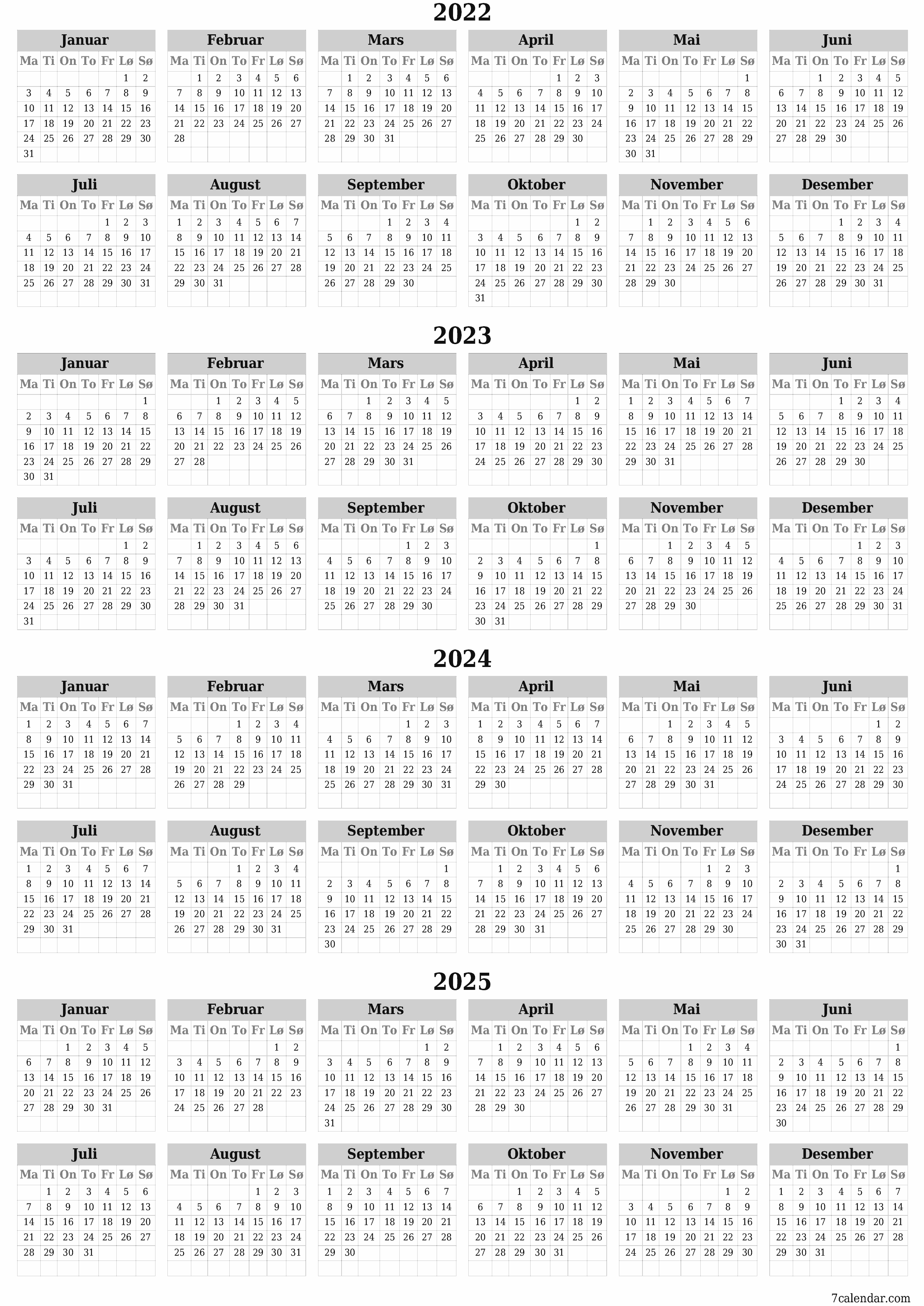 Tom årlig planleggerkalender for året 2022, 2023, 2024, 2025 med notater, lagre og skrive ut i PDF PNG Norwegian - 7calendar.com