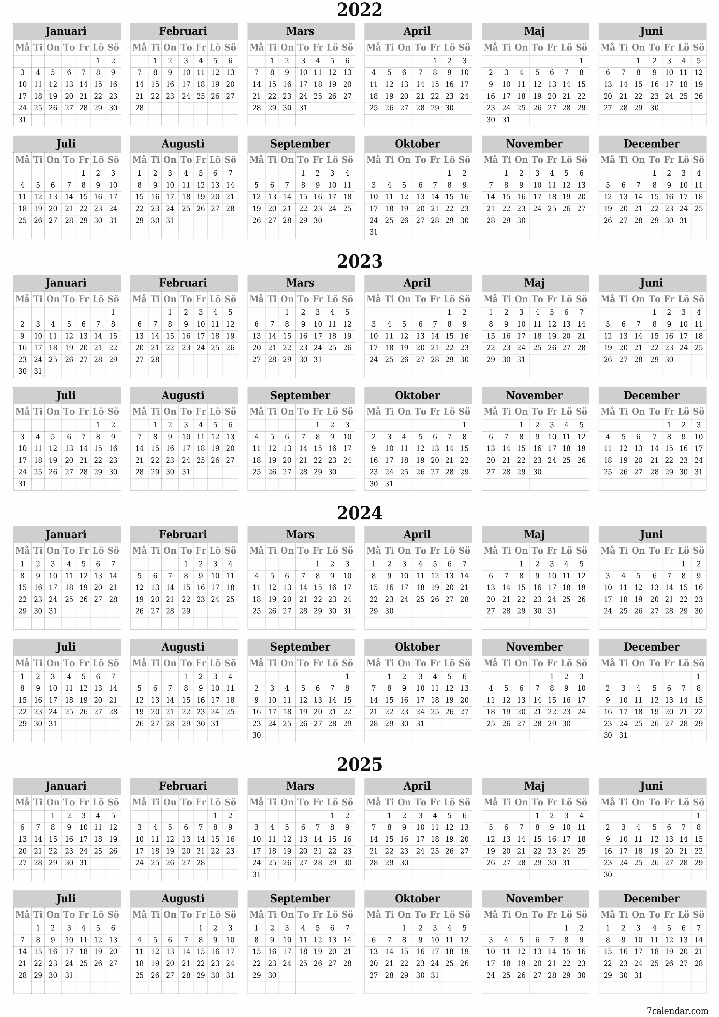 Tom årskalender för år 2022, 2023, 2024, 2025 spara och skriv ut till PDF PNG Swedish - 7calendar.com