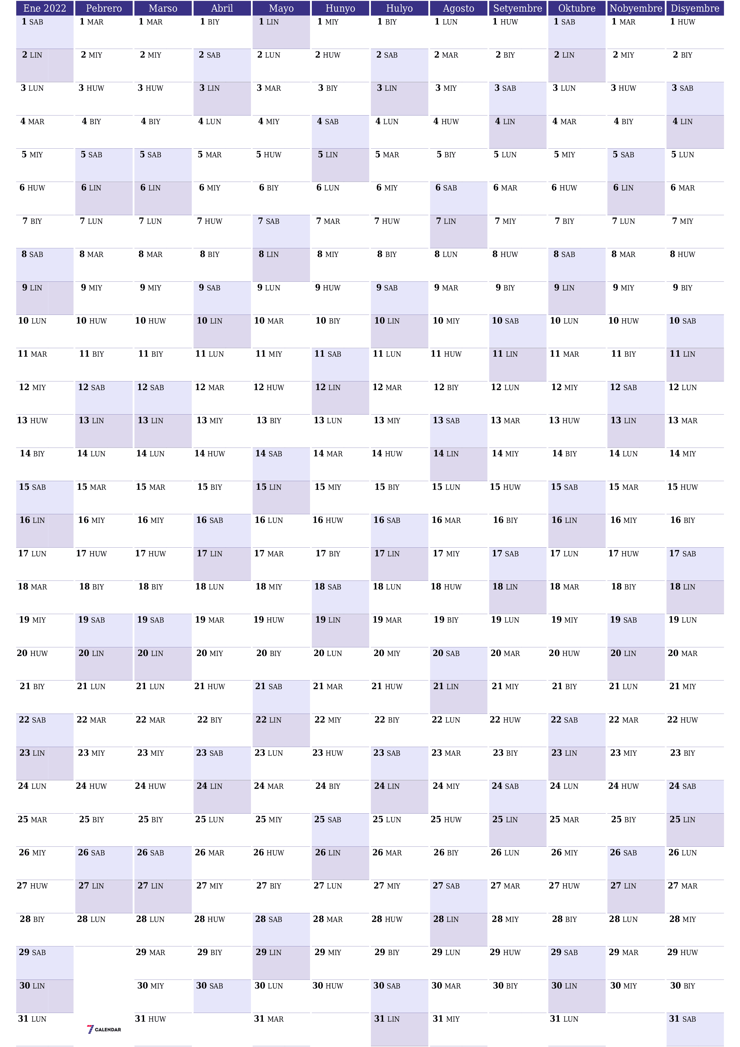 Walang laman ang taunang kalendaryo ng tagaplano para sa taong 2022 na may mga tala, i-save at i-print sa PDF PNG Filipino