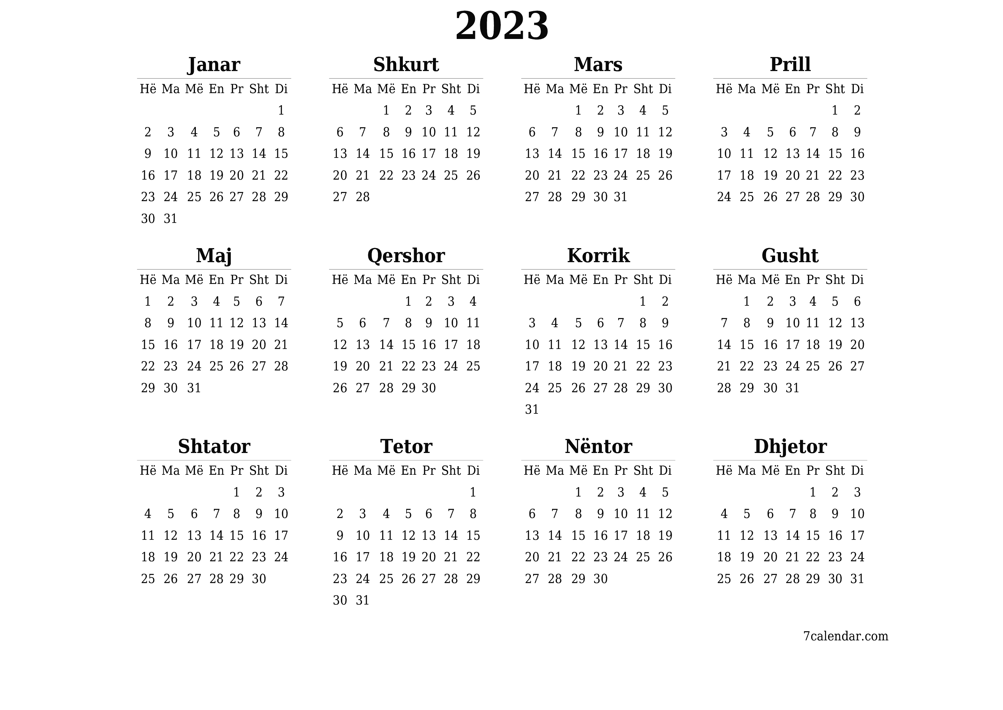 Planifikuesi bosh i kalendarit vjetor për vitin 2023 me shënime, ruani dhe printoni në PDF PNG Albanian - 7calendar.com