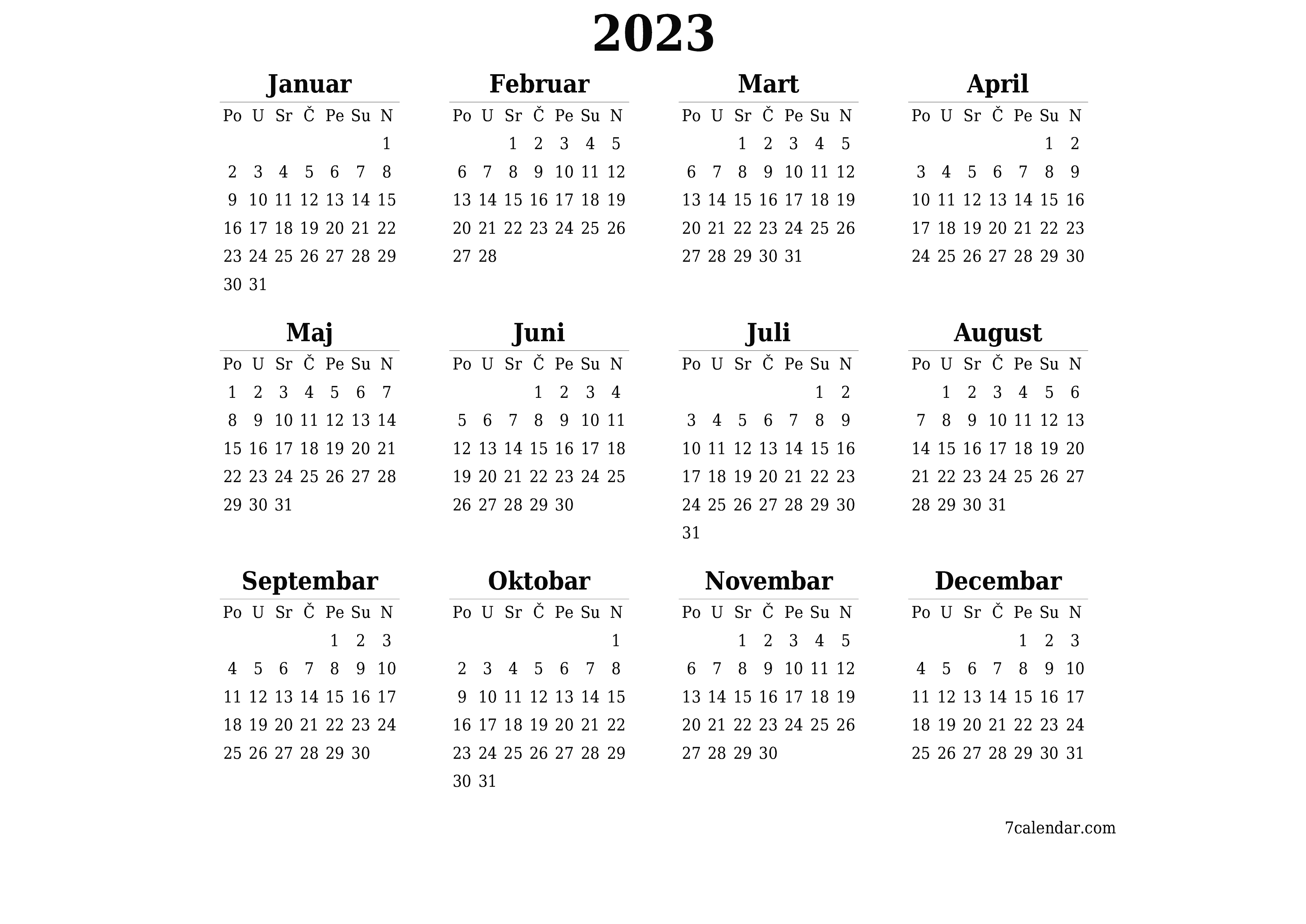 Prazan godišnji kalendar za godinu 2023 spremite i ispišite u PDF-u PNG Bosnian - 7calendar.com