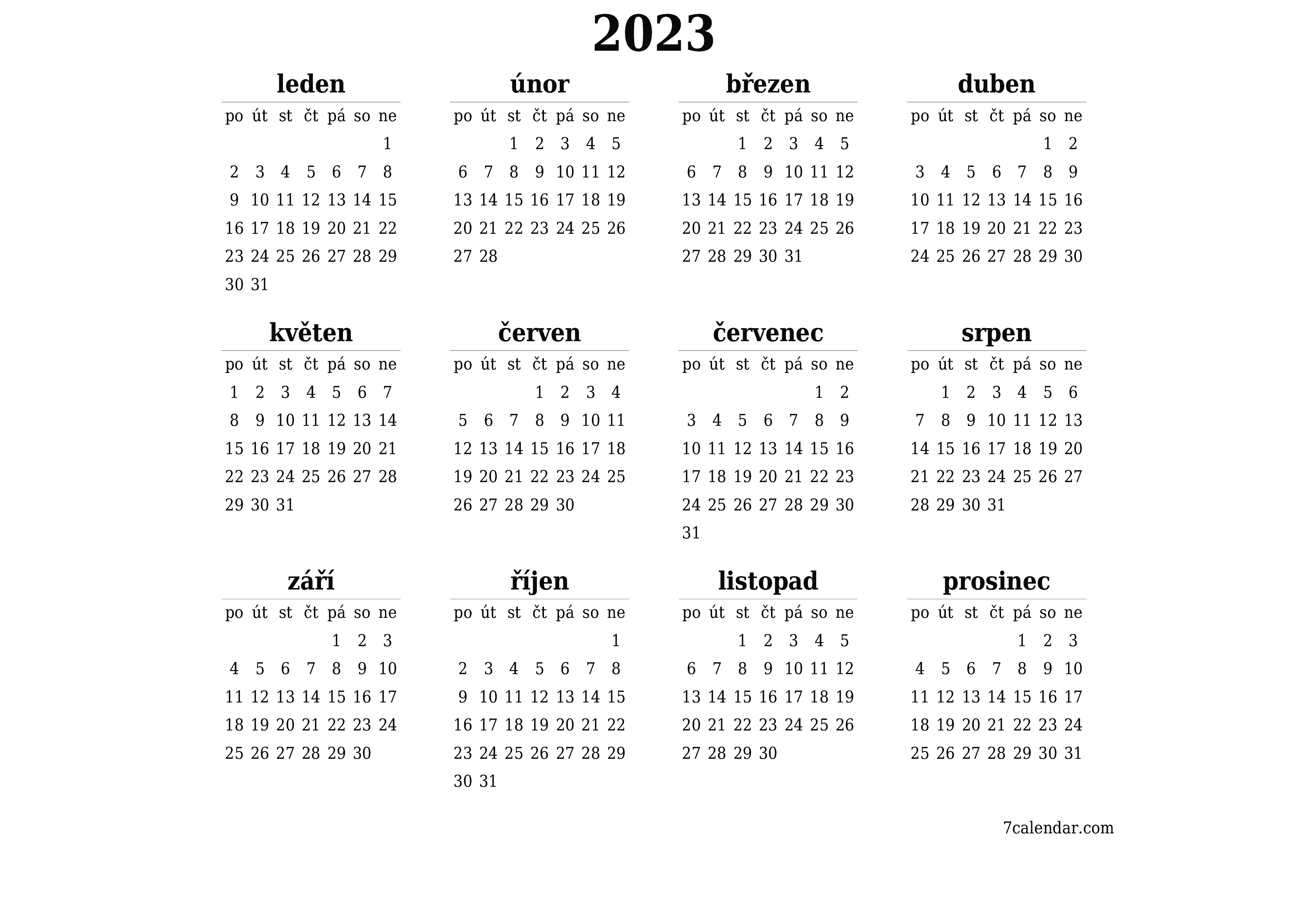 Prázdný roční kalendář pro rok 2023 uložit a vytisknout do PDF PNG Czech - 7calendar.com