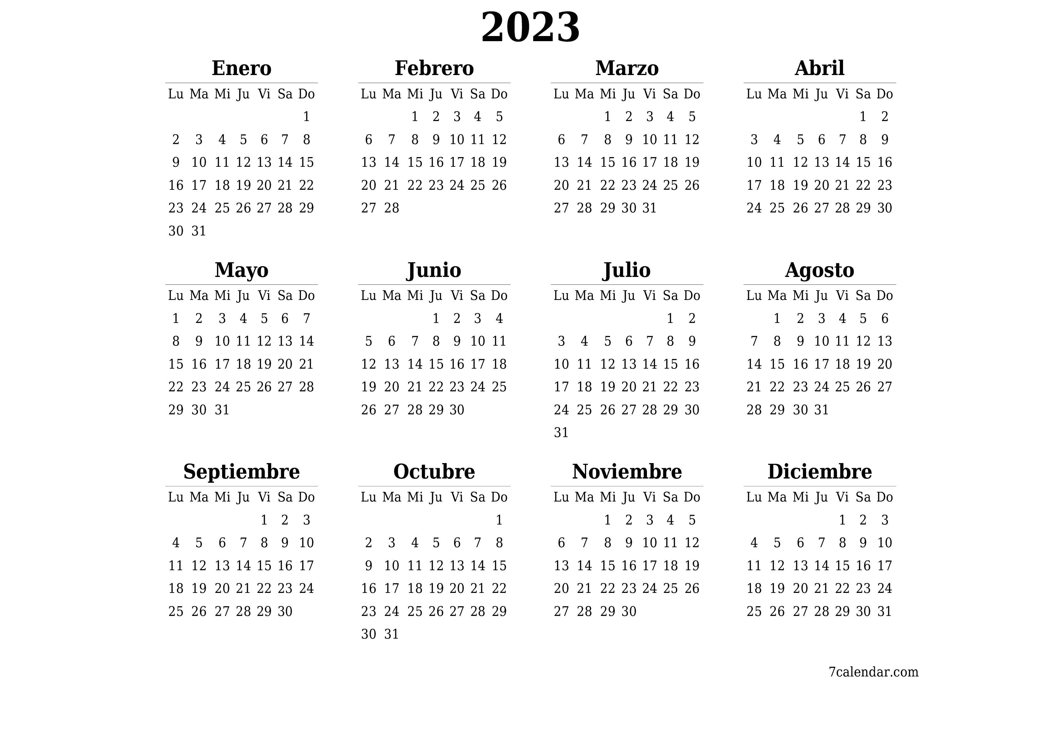 Calendario planificador anual vacío para el año 2023 con notas, guardar e imprimir en PDF PNG Spanish - 7calendar.com