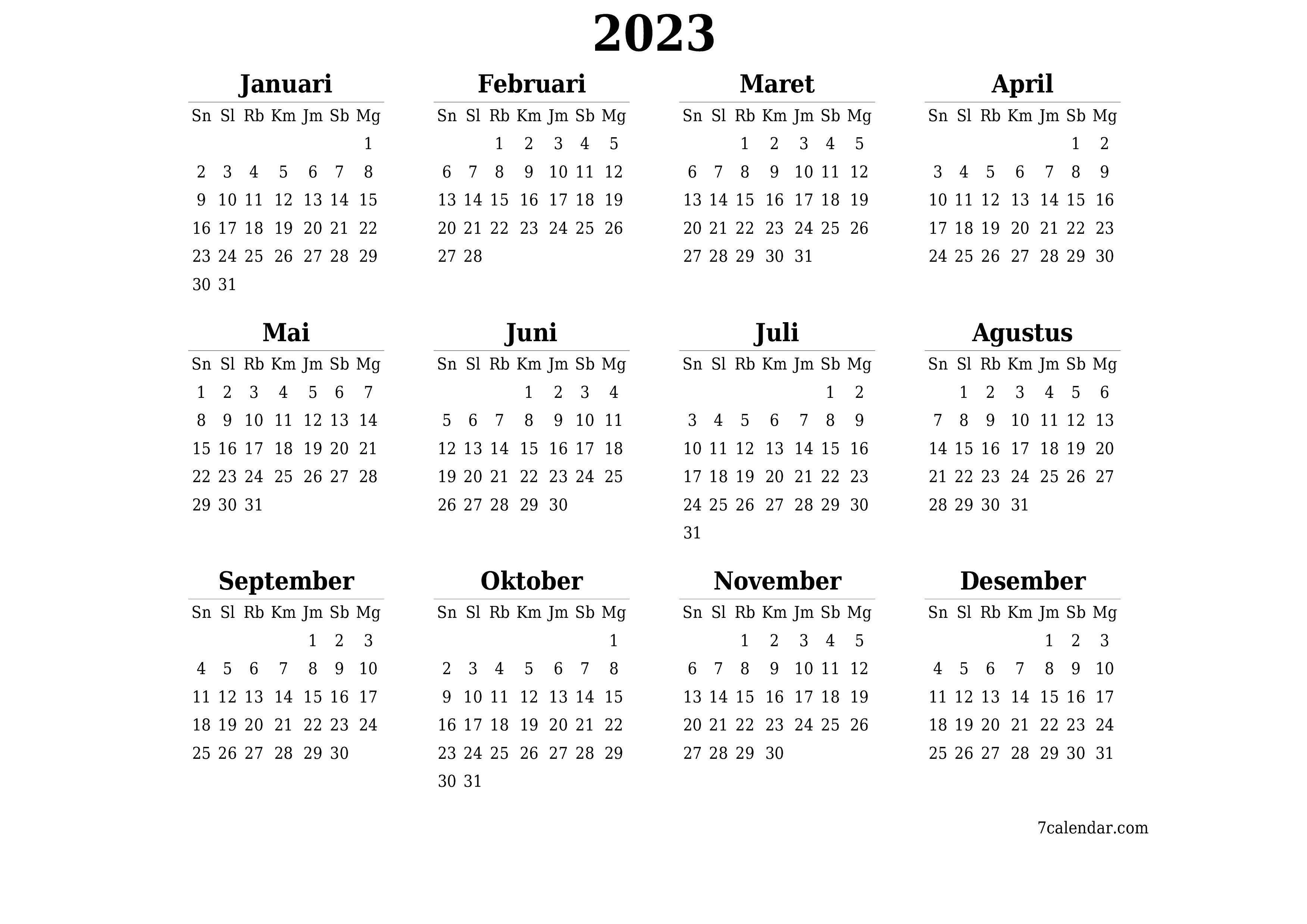 Kalender tahunan kosong untuk tahun 2023 simpan dan cetak ke PDF PNG Indonesian - 7calendar.com