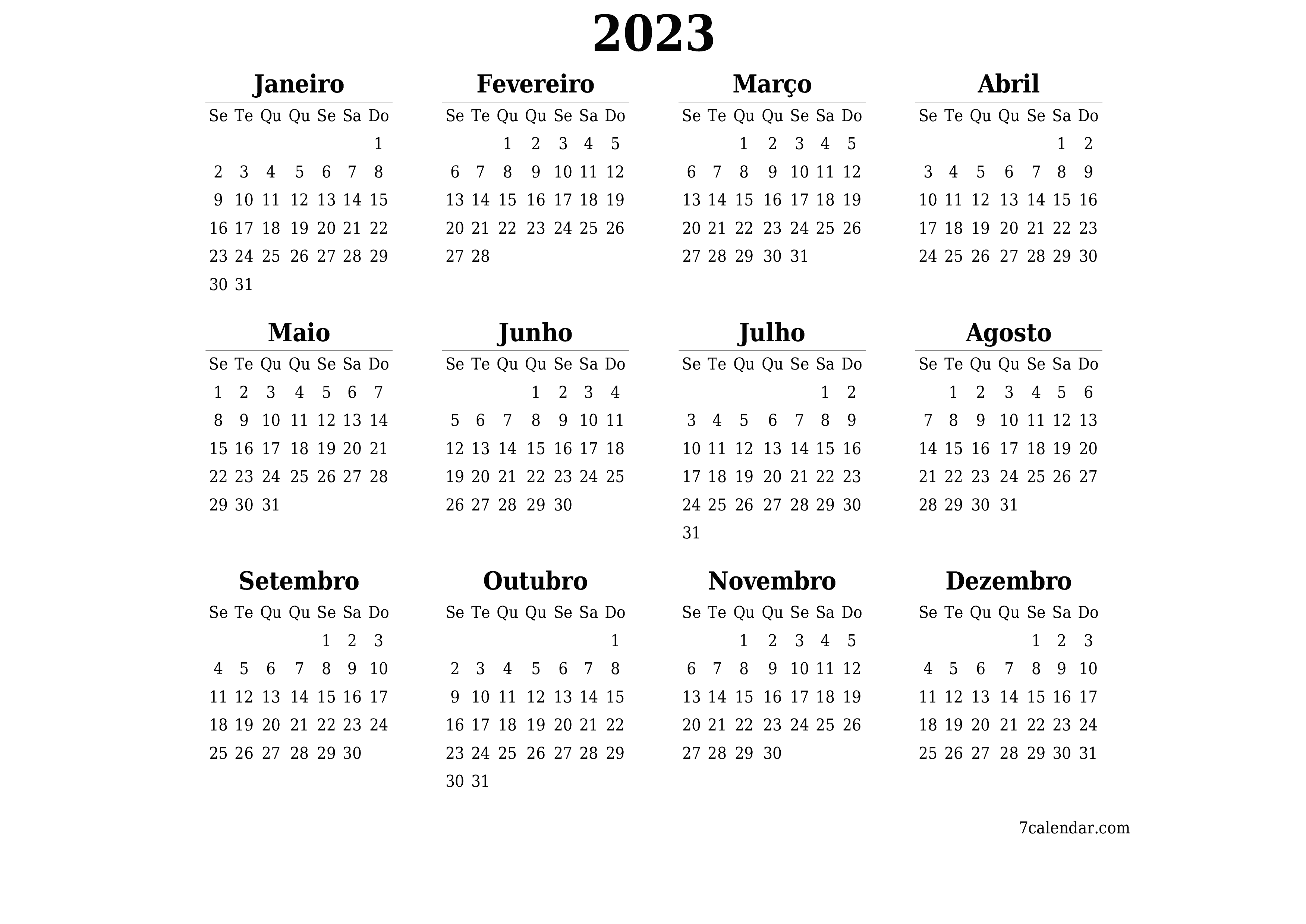 Calendário de planejador anual vazio para o ano 2023 com notas, salve e imprima em PDF PNG Portuguese - 7calendar.com