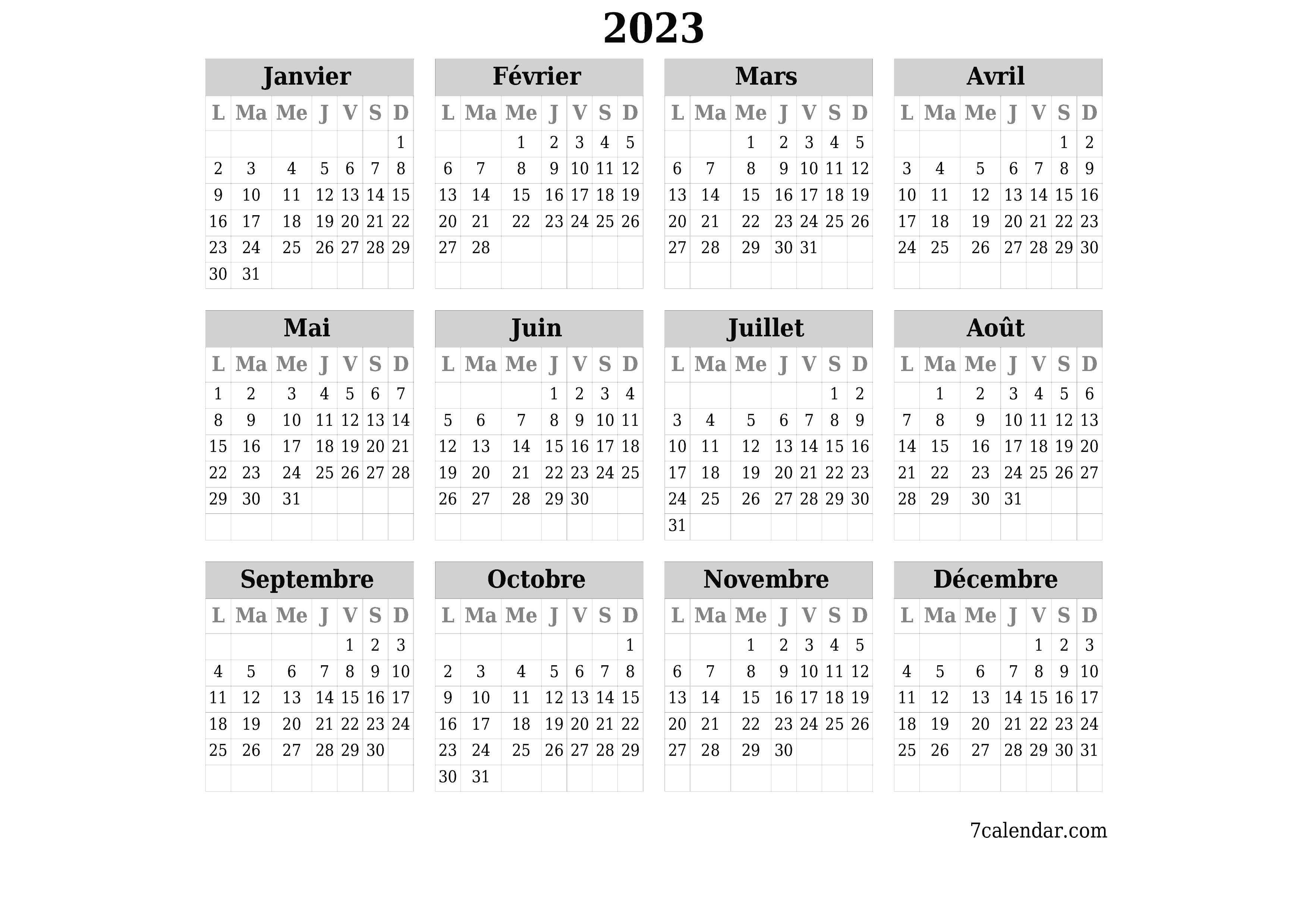 Calendrier annuel vide pour l'année 2023 avec notes, enregistrer et imprimer au format PDF PNG French - 7calendar.com